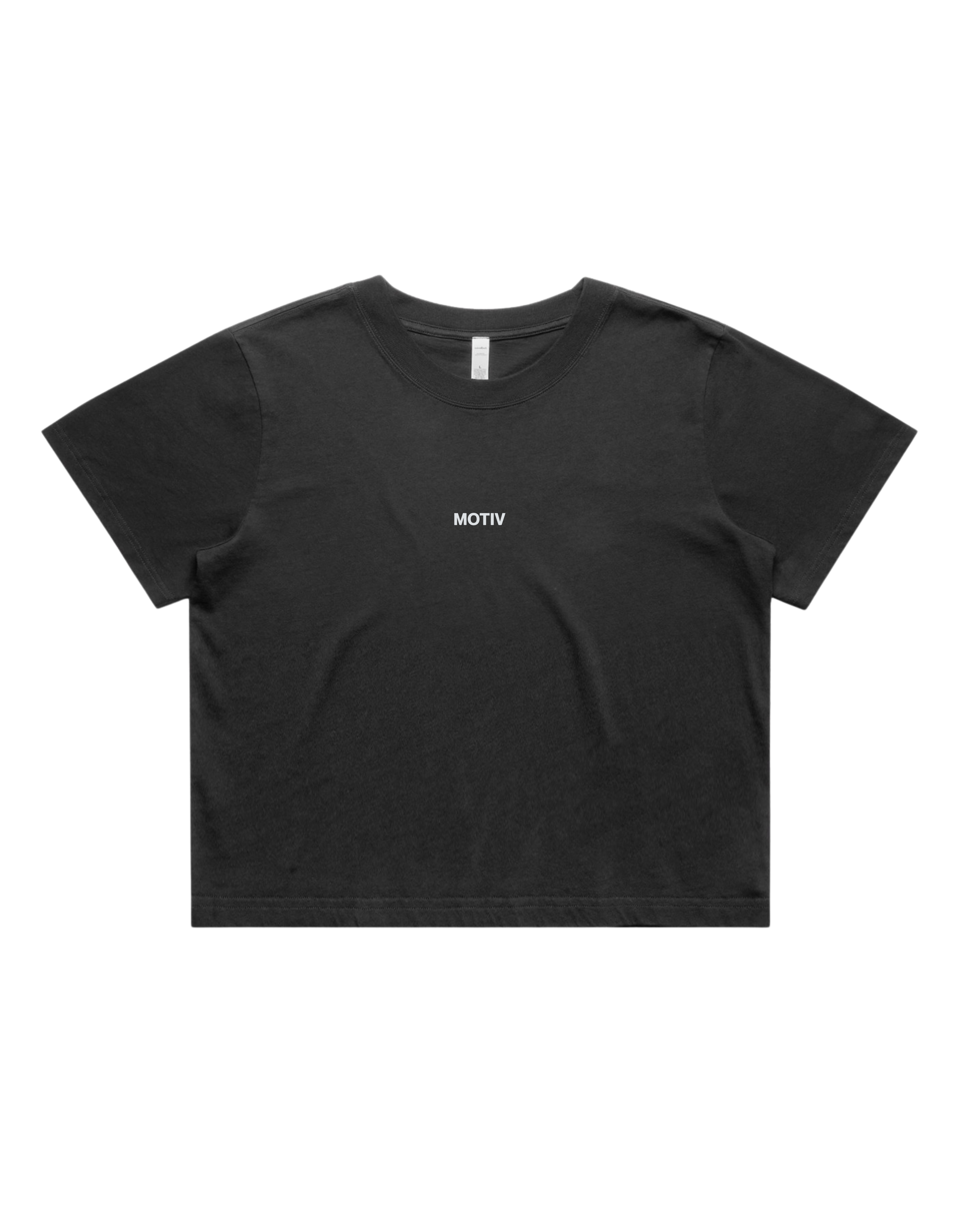 Black t-shirt with 'MOTIV' logo on a white background