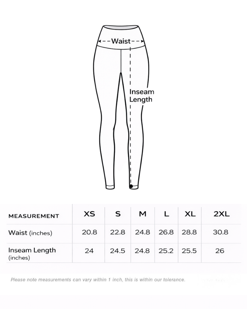 Measurement chart for leggings with waist and inseam length labels and size chart.