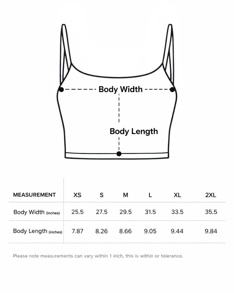 Measurement chart for a crop top with labeled body width and length, and size chart below.