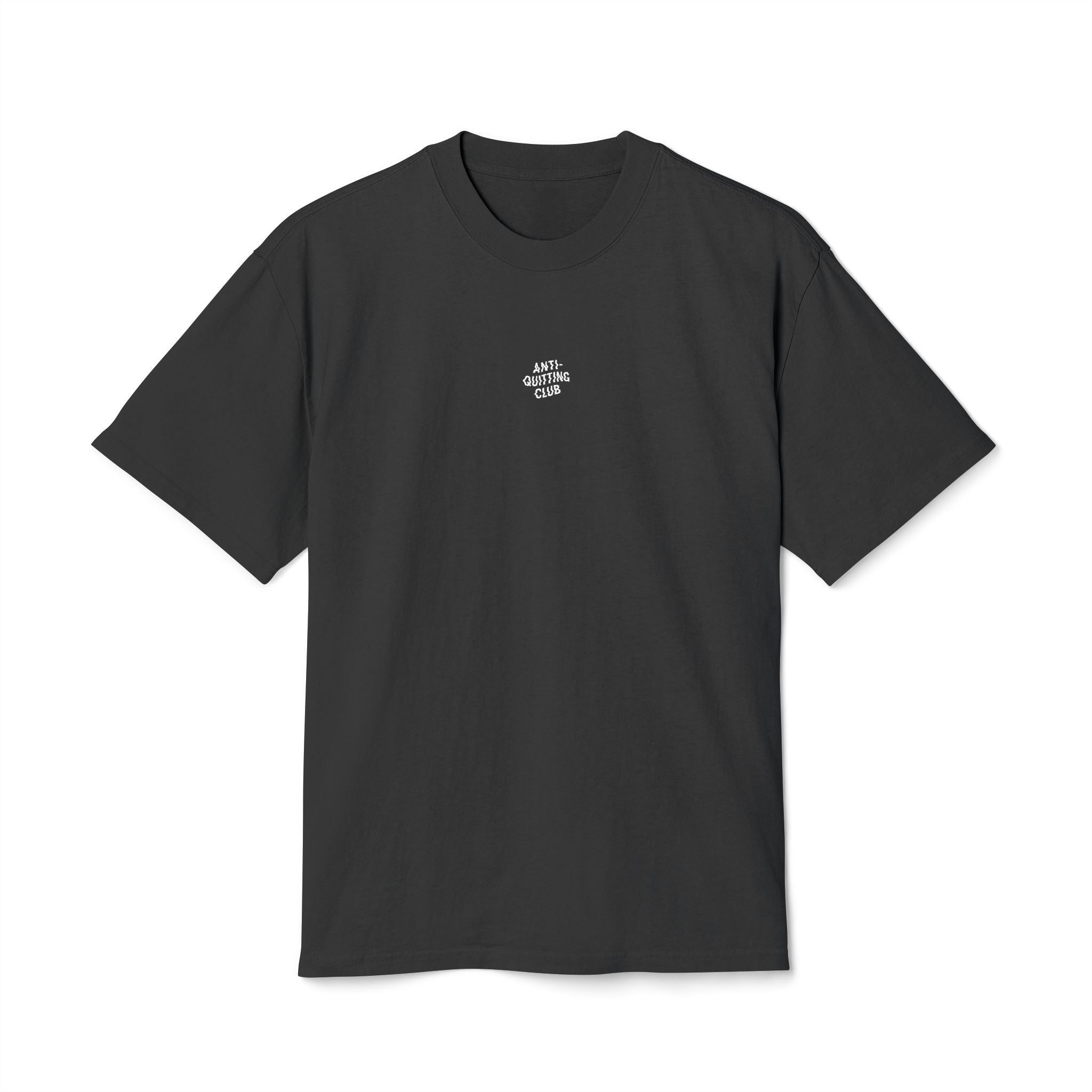 Anti-Quitting Club heavyweight black t-shirt with oversized fit, small chest text, and bold painterly graphic on the back
