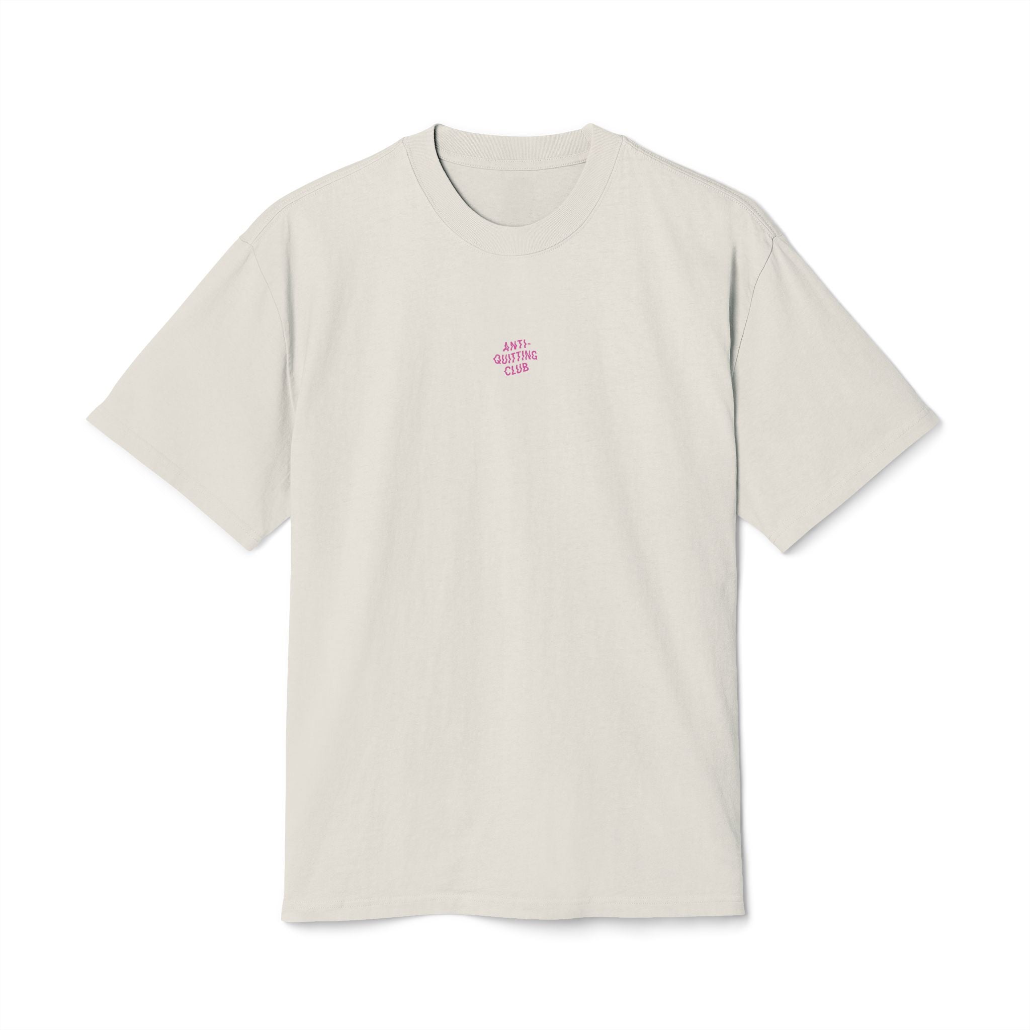 Anti-Quitting Club heavyweight cream t-shirt with oversized fit, small chest text, and bold painterly graphic on the back