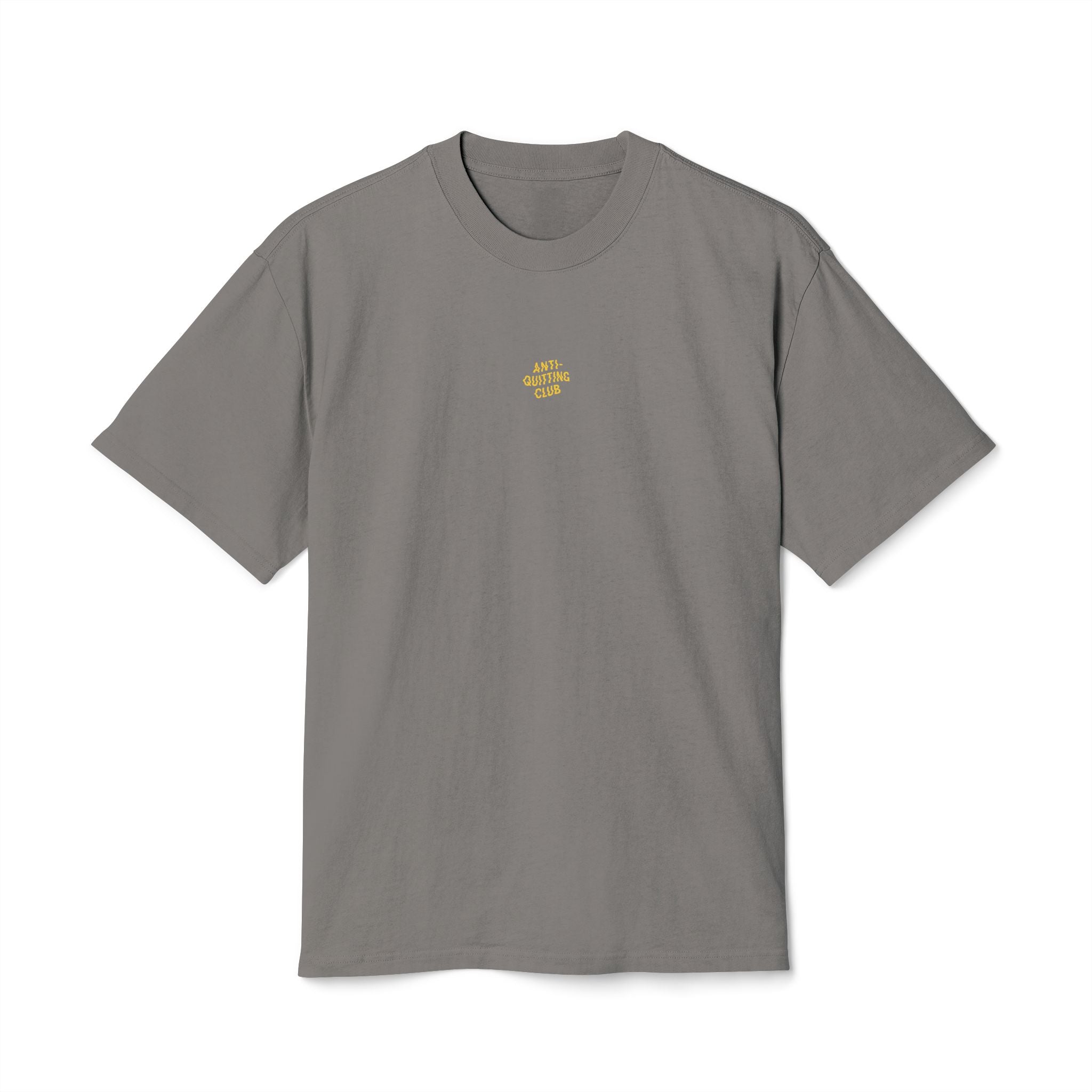 Anti-Quitting Club heavyweight gray t-shirt with oversized fit, small chest text, and bold painterly graphic on the back