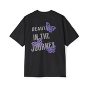 Black tee with “Beauty in the Journey” text and butterfly graphic on back.