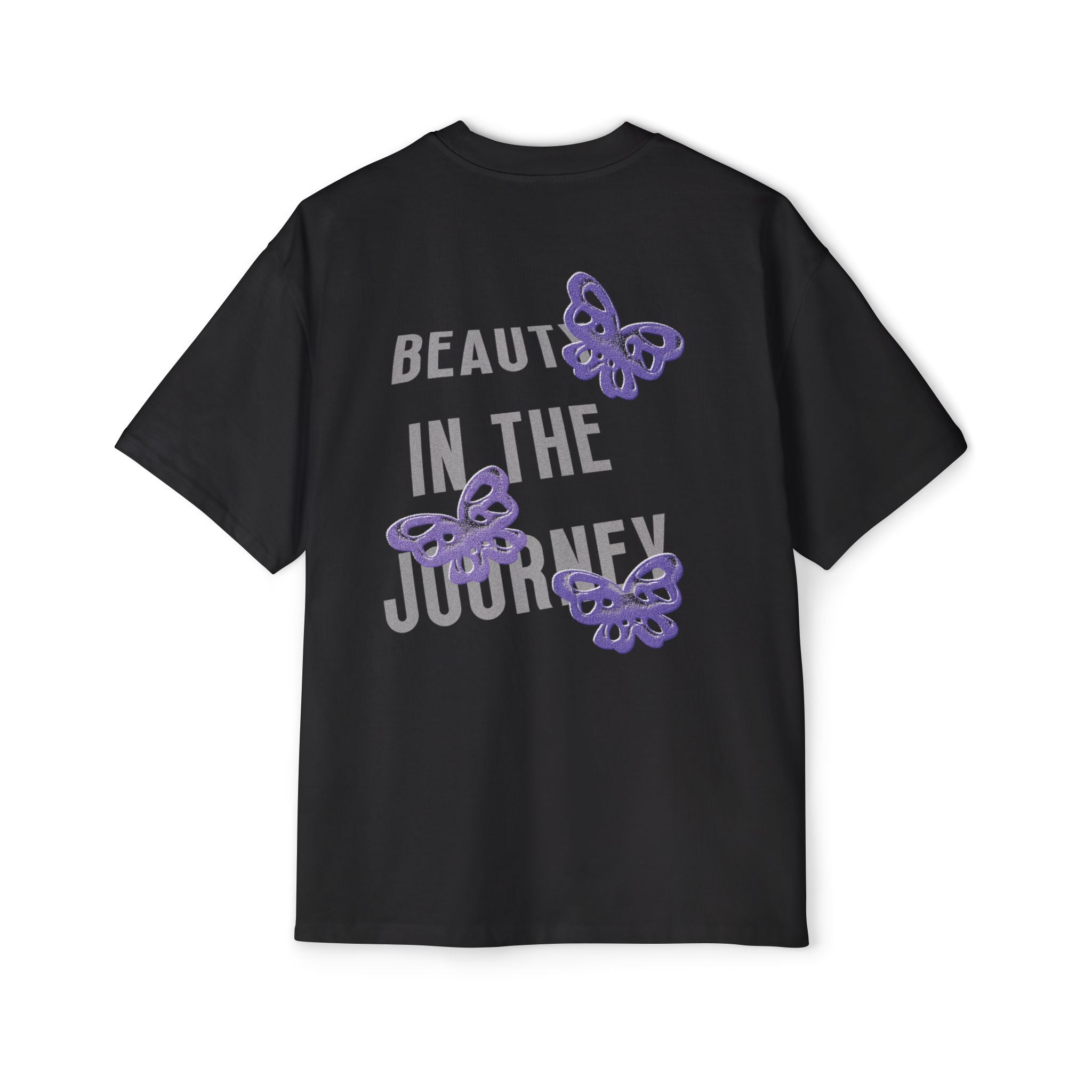 Black tee with “Beauty in the Journey” text and butterfly graphic on back.