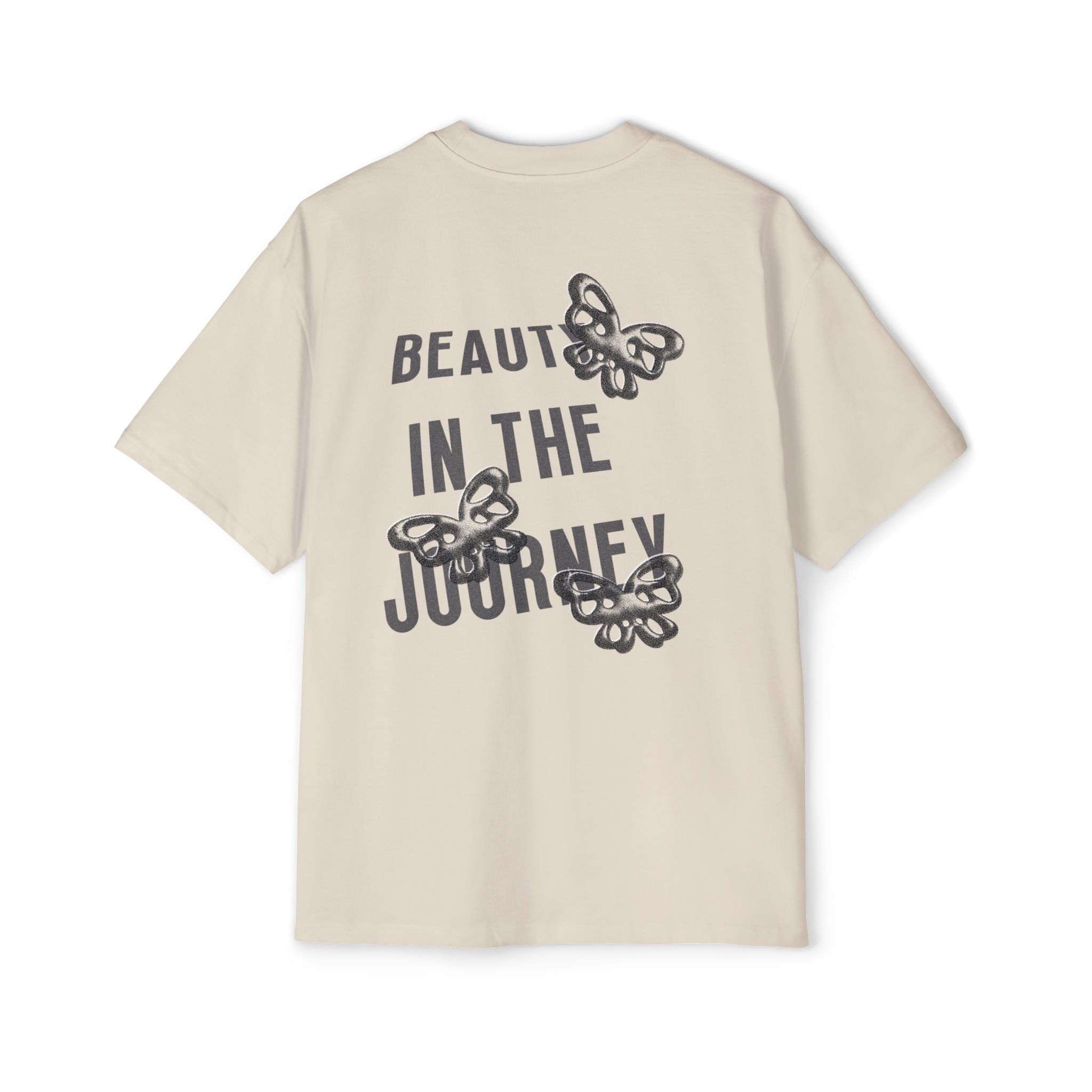 Ecru tee with “Beauty in the Journey” text and butterfly graphic on back.