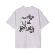 Light purple tee with “Beauty in the Journey” text and butterfly graphic on back.