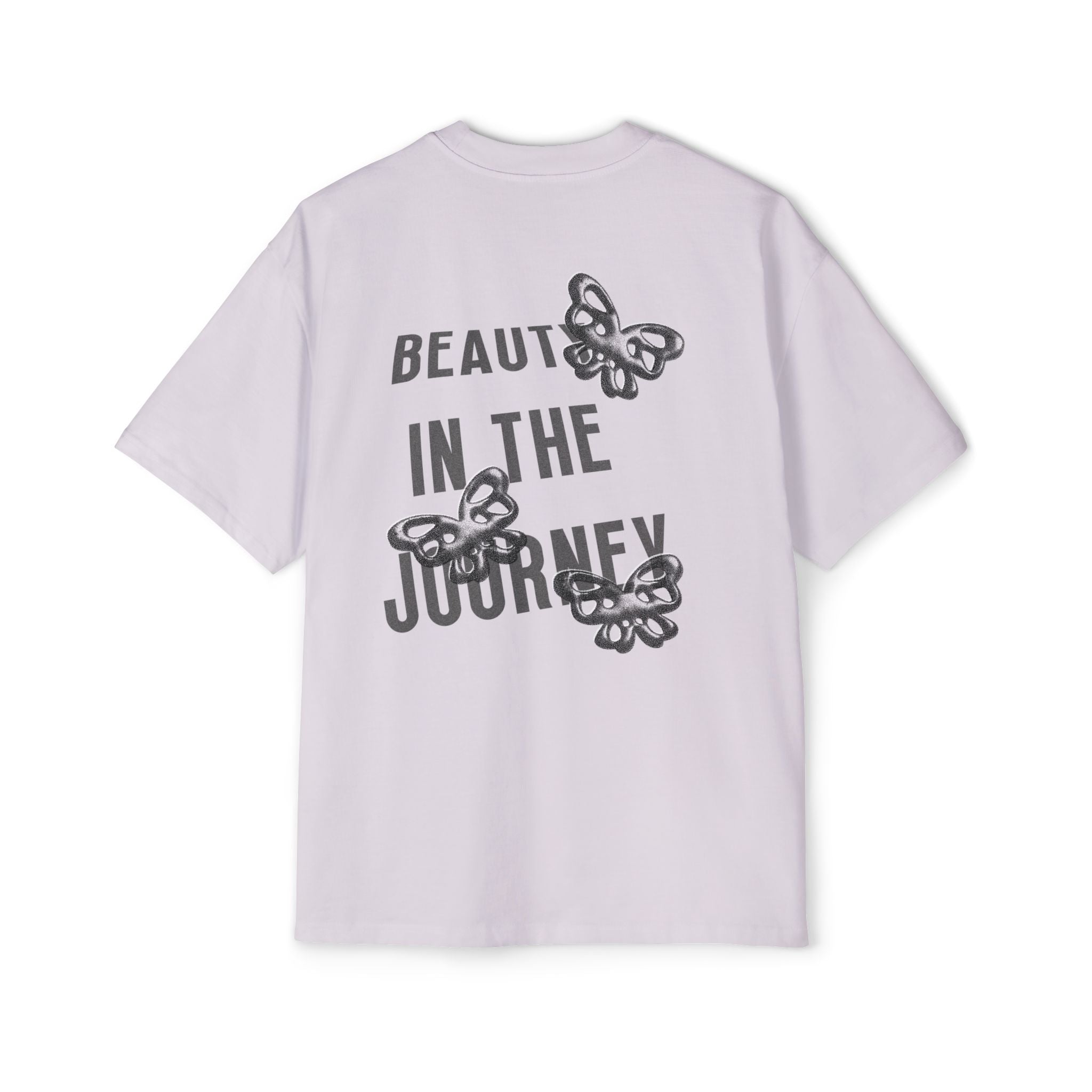 Light purple tee with “Beauty in the Journey” text and butterfly graphic on back.