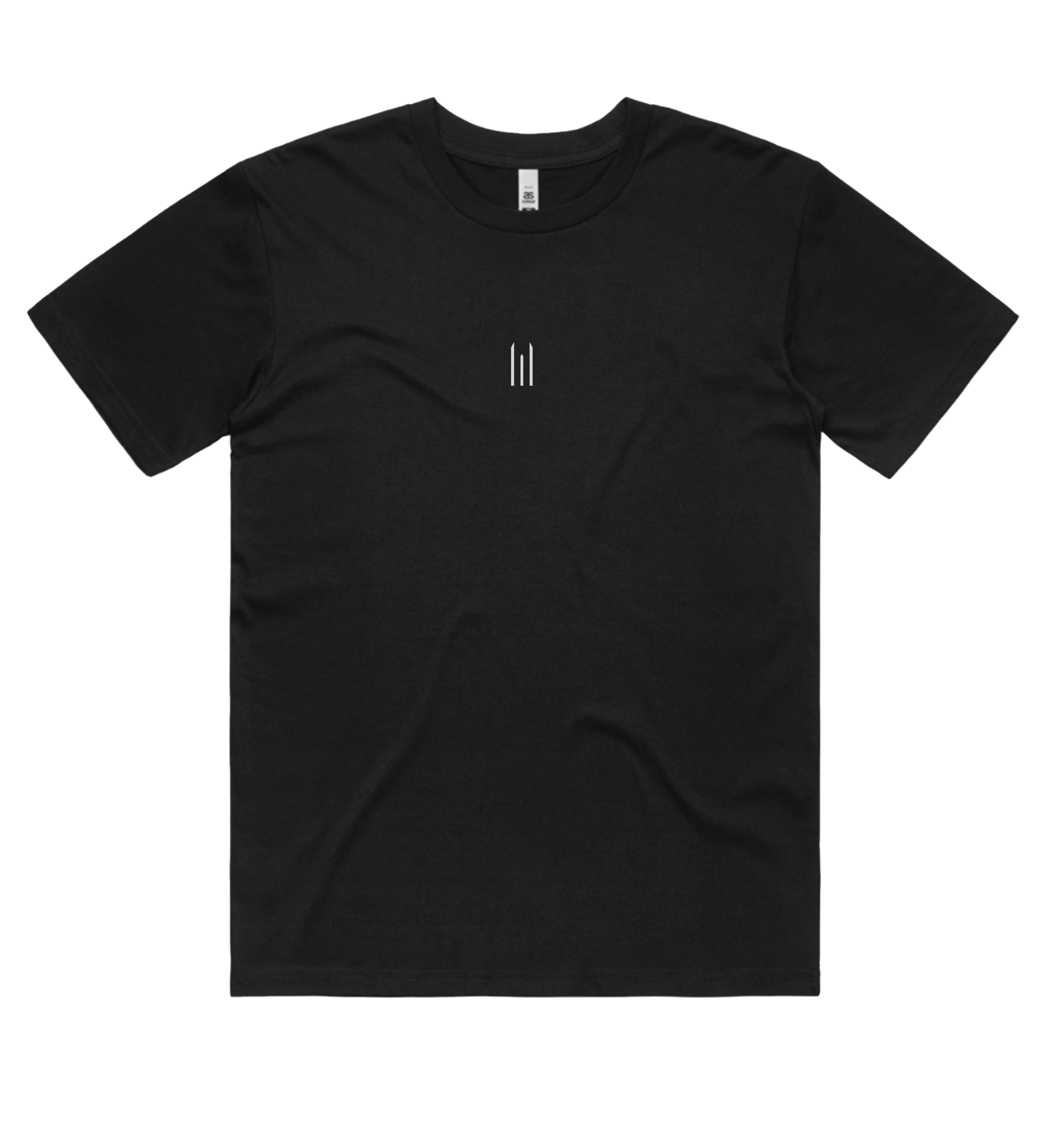 Black t-shirt with a small white logo on a white background
