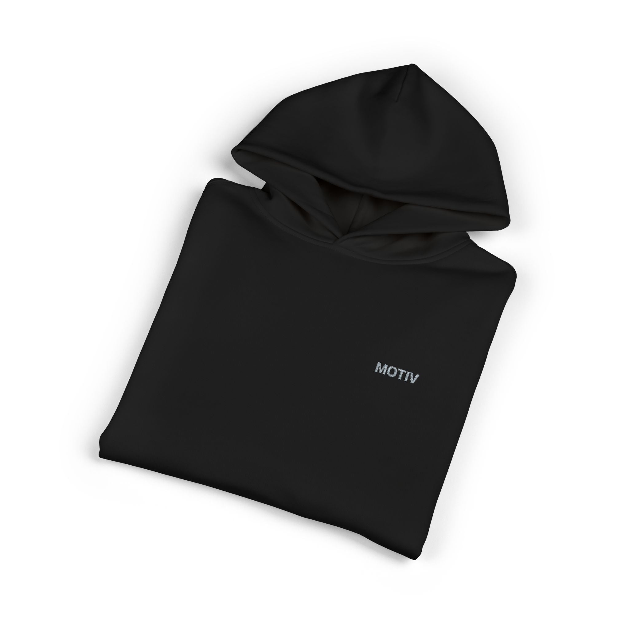 Black hoodie with 'MOTIV' branding on a white background