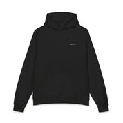 Black MOTIV relaxed hoodie with minimalist chest logo and kangaroo pocket.