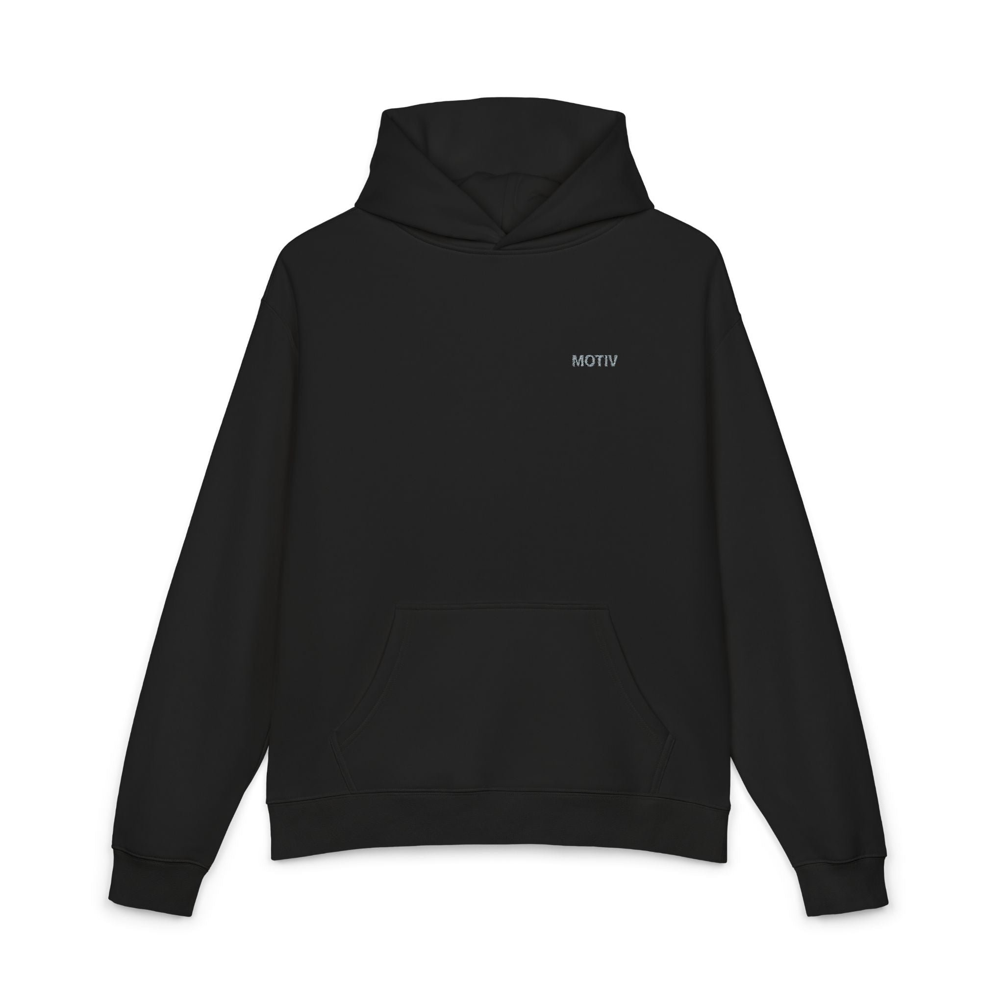 Black MOTIV relaxed hoodie with minimalist chest logo and kangaroo pocket.