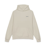 Beige hoodie with 'MOTIV' logo on a white background