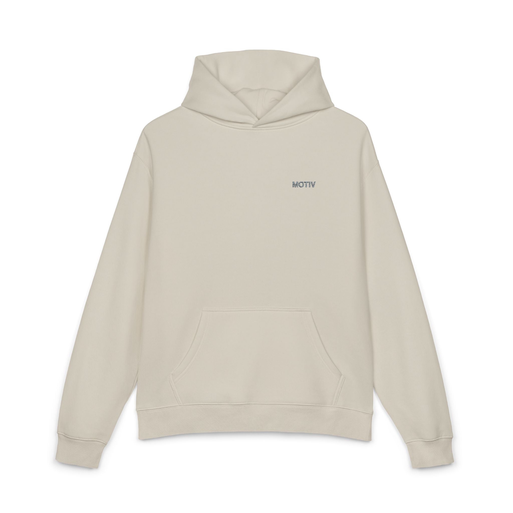 Beige hoodie with 'MOTIV' logo on a white background