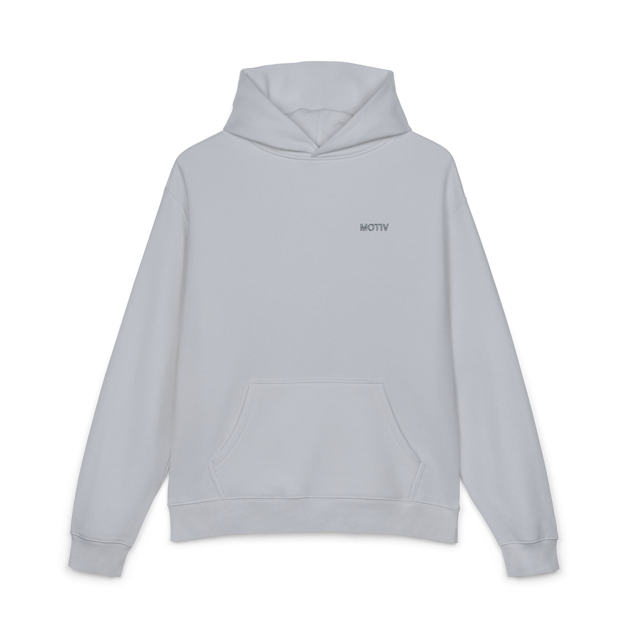 Light gray hoodie with 'MOTIV' logo on a white background