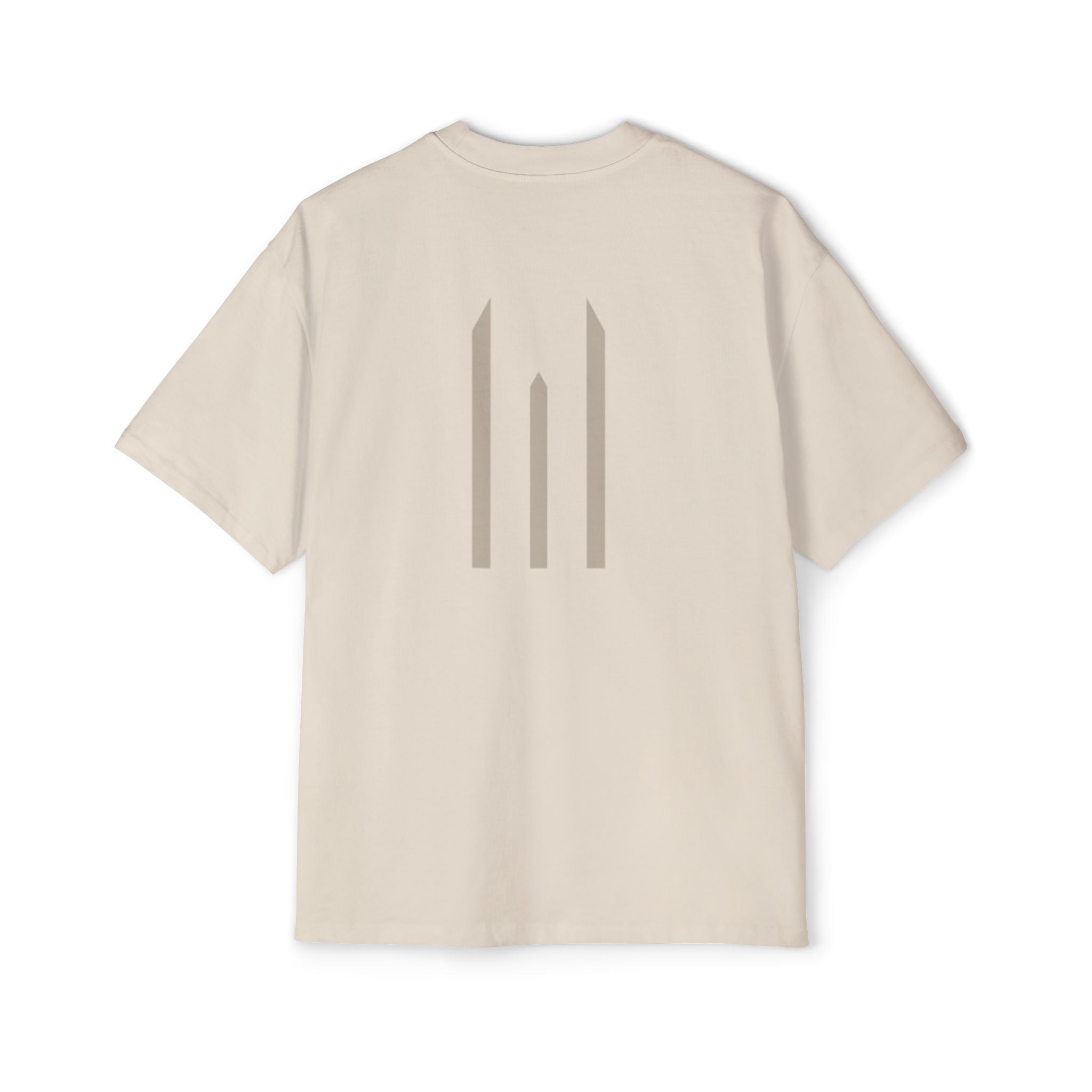Beige t-shirt with a logo on the back against a white background