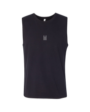 Black sleeveless shirt with a small logo on a white background