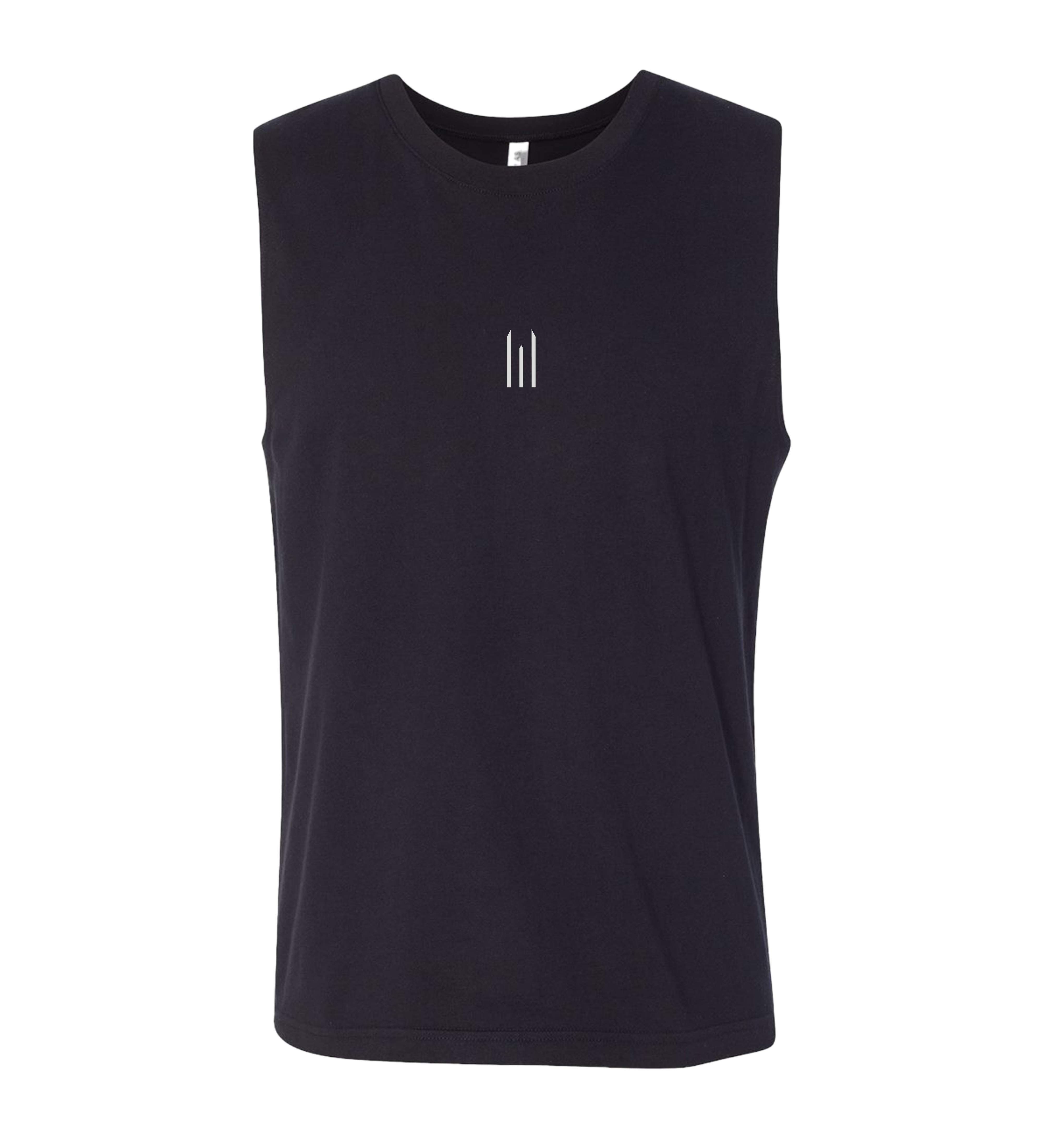 Black sleeveless shirt with a small logo on a white background