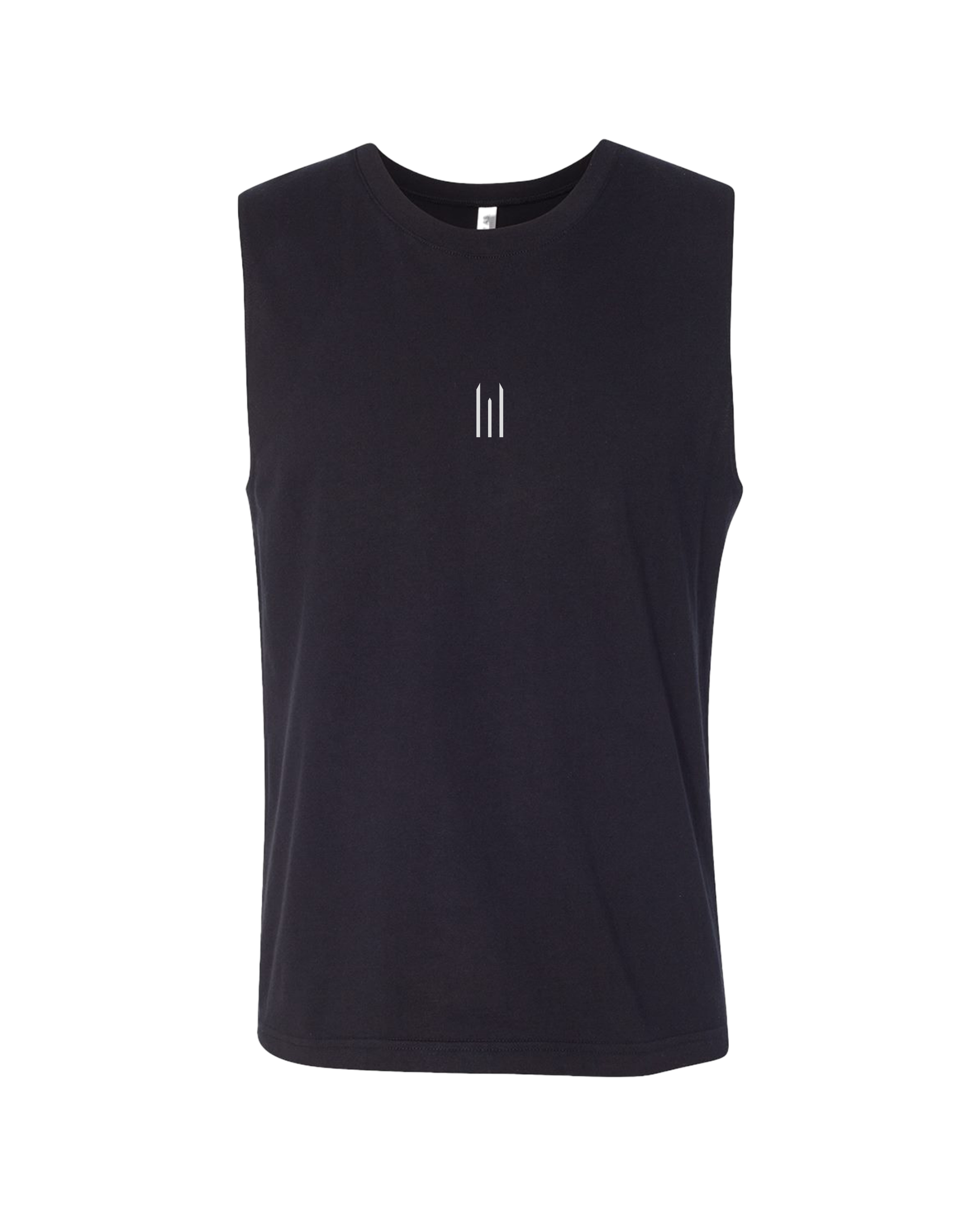 Black sleeveless shirt with a small logo on a white background