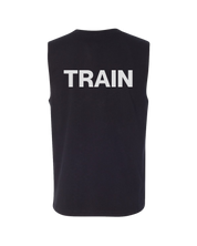 Black sleeveless shirt with 'TRAIN' printed on the back against a white background