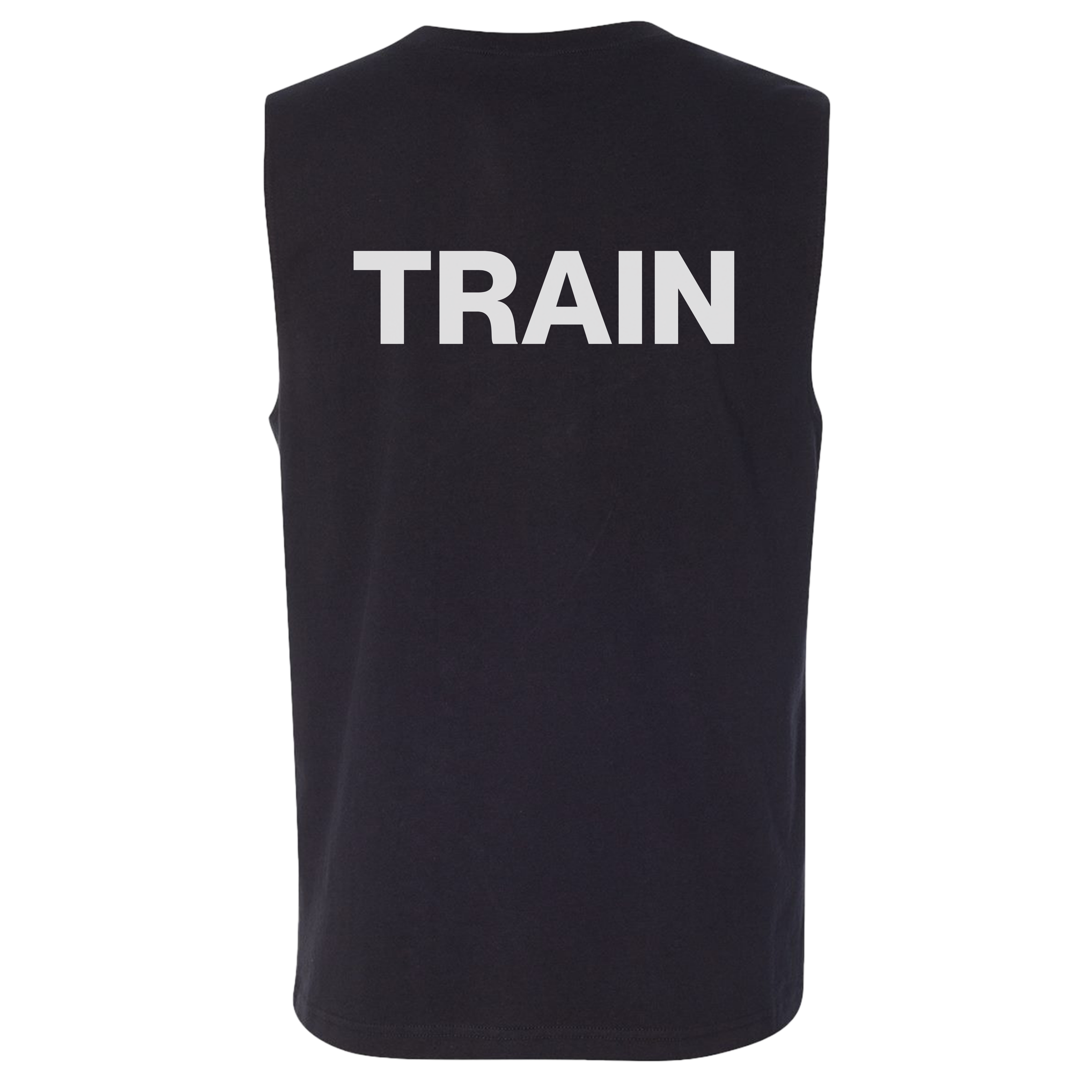 Black sleeveless shirt with 'TRAIN' printed on the back against a white background