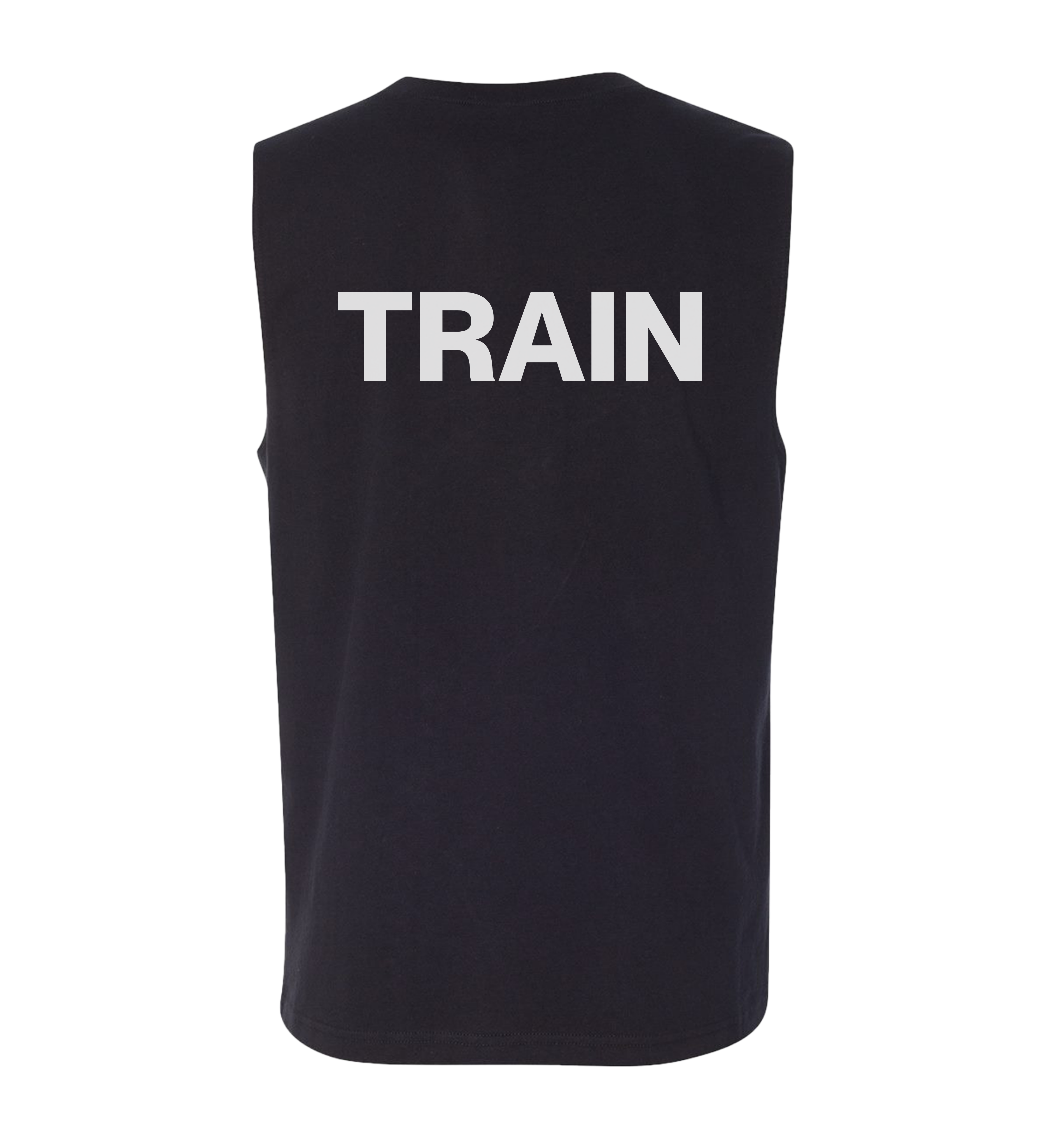 Black sleeveless shirt with 'TRAIN' printed on the back against a white background