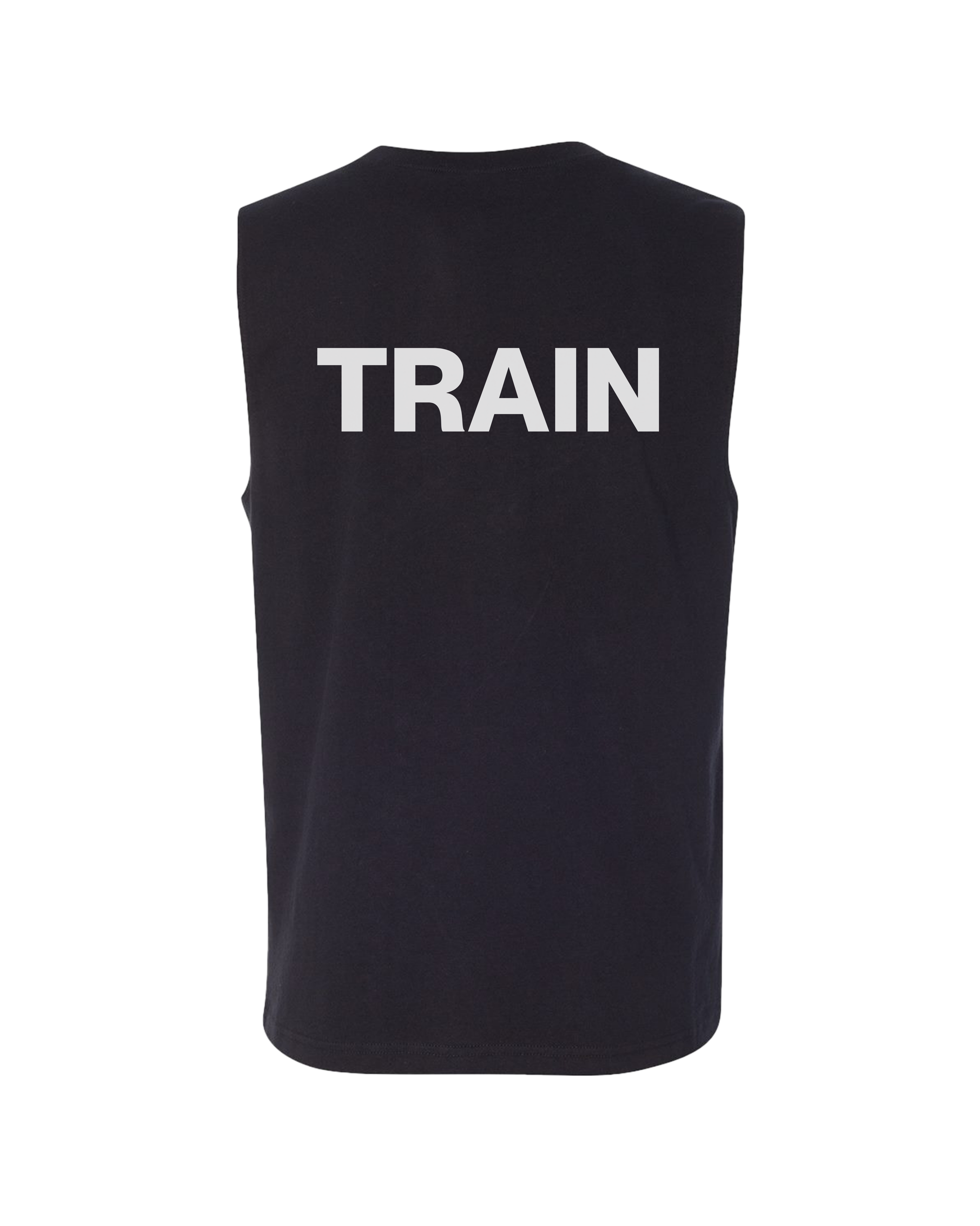 Black sleeveless shirt with 'TRAIN' printed on the back against a white background