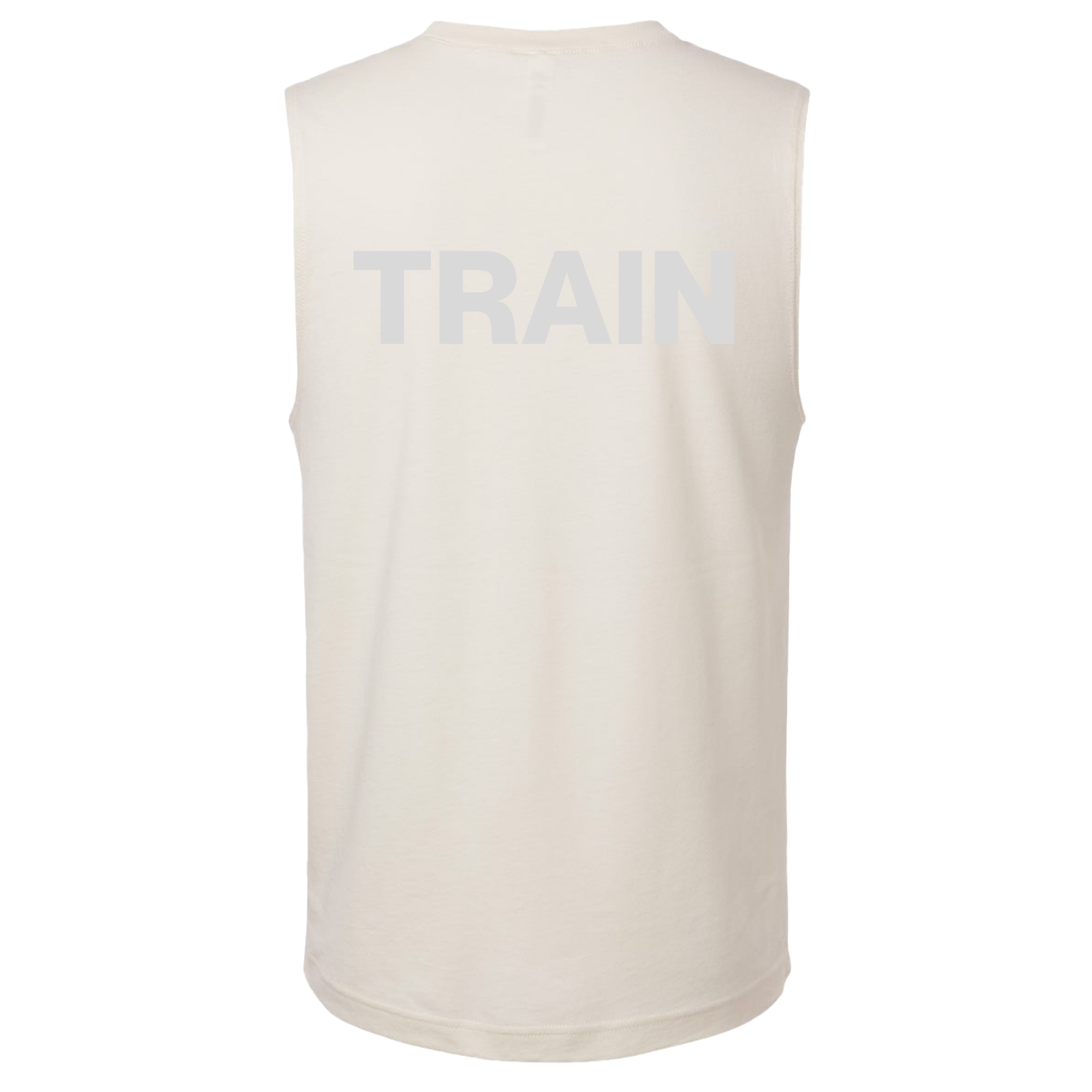 beige sleeveless shirt with 'TRAIN' printed on the back against a white background