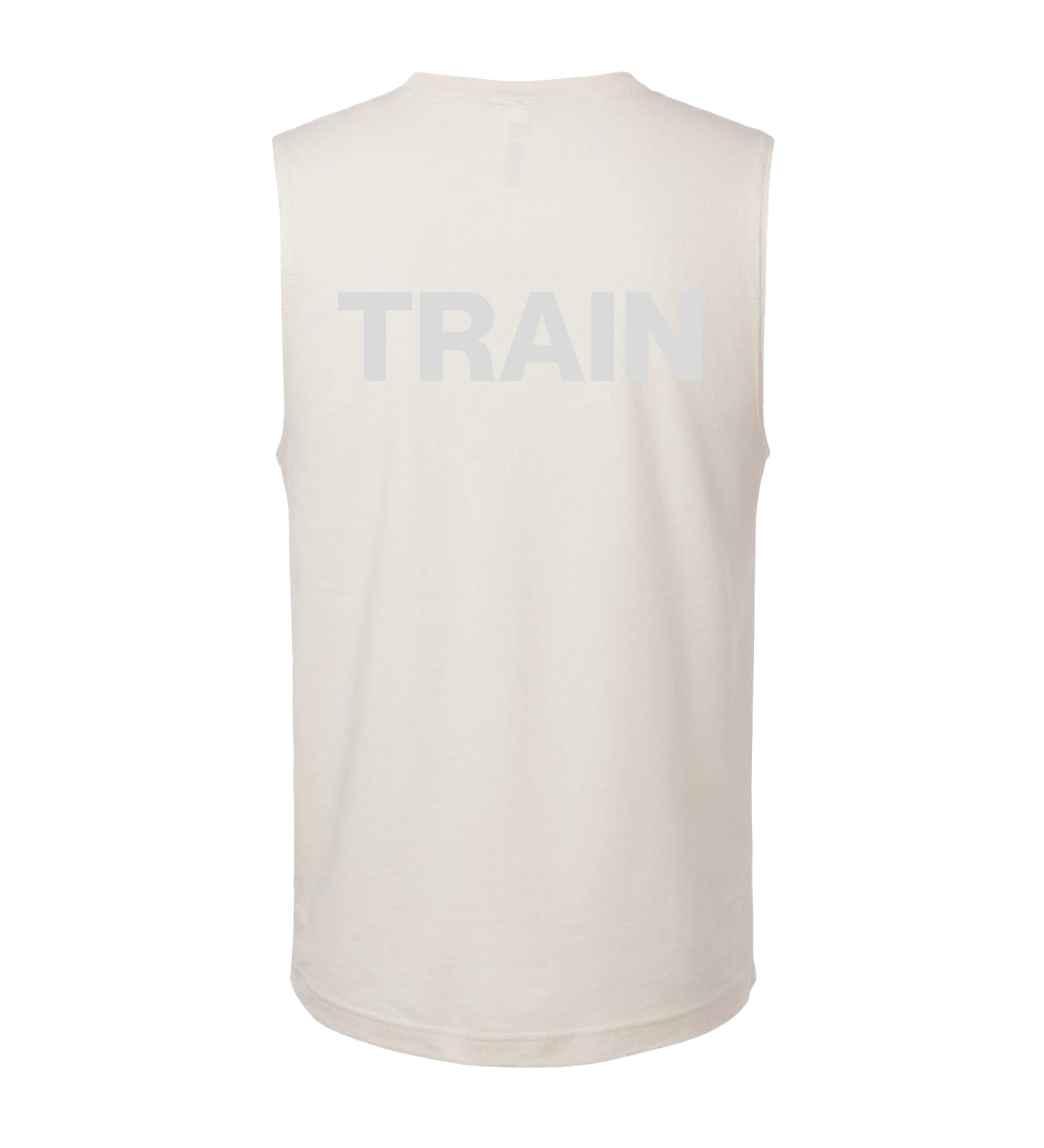 beige sleeveless shirt with 'TRAIN' printed on the back against a white background