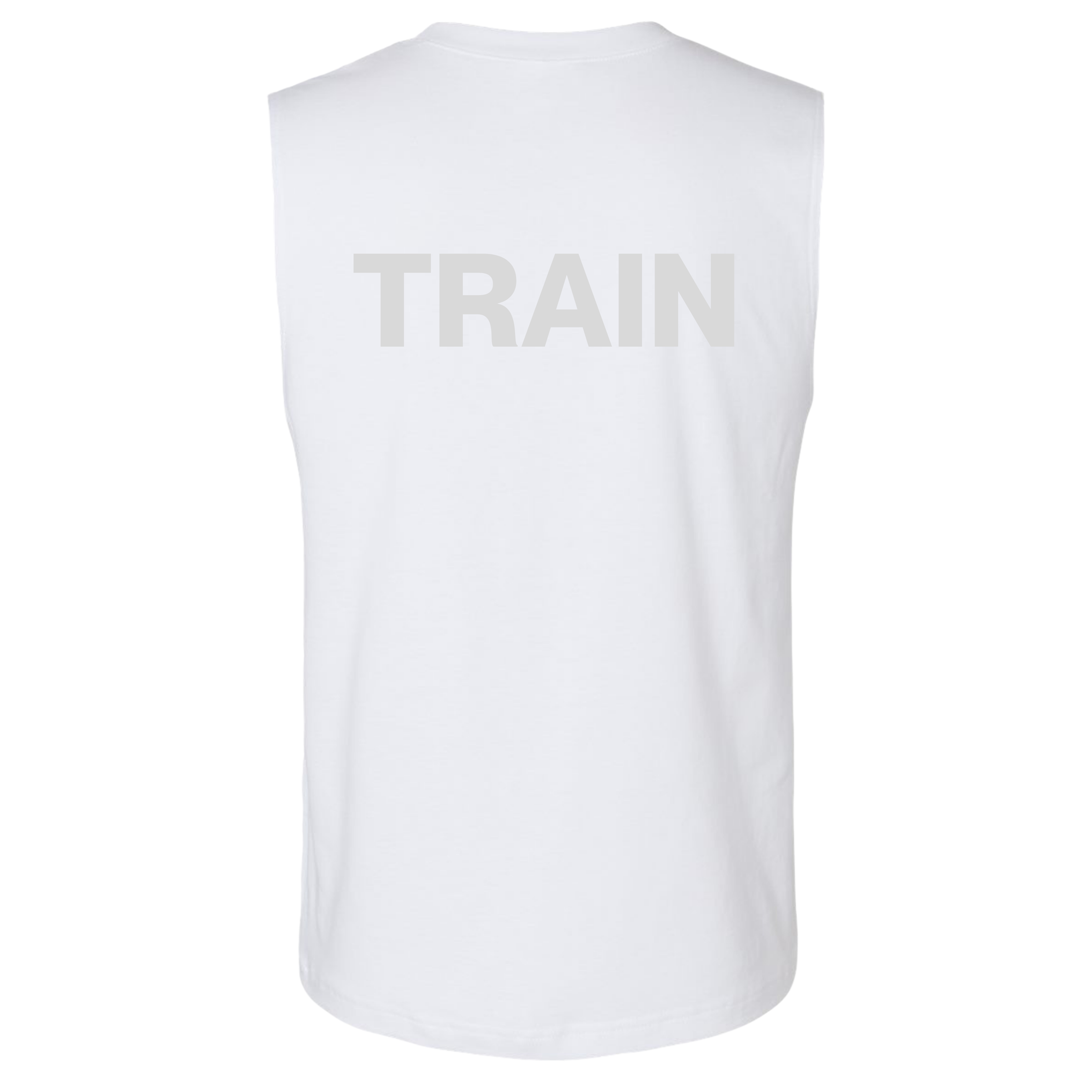 White sleeveless shirt with 'TRAIN' text on a white background