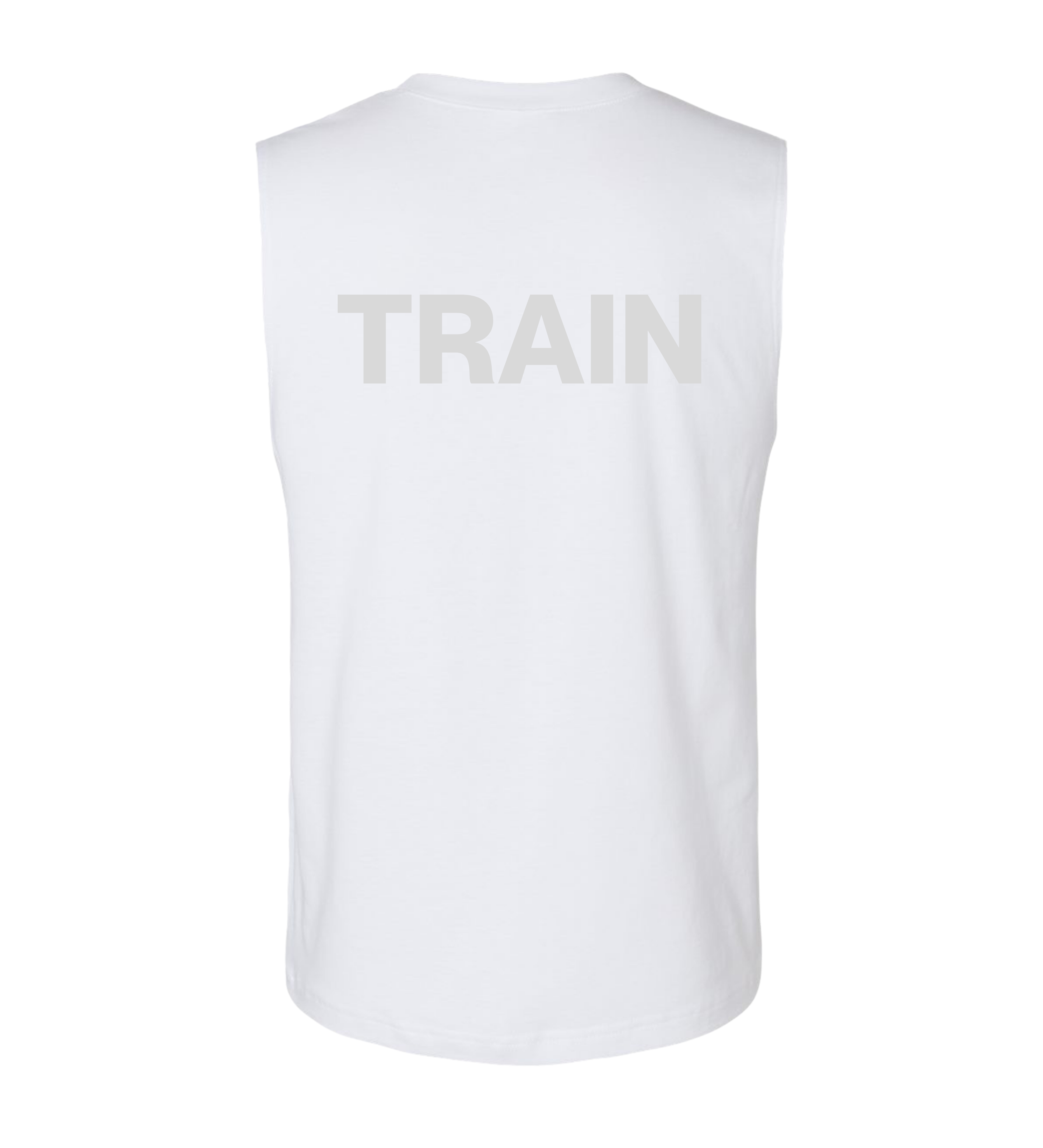 White sleeveless shirt with 'TRAIN' text on a white background