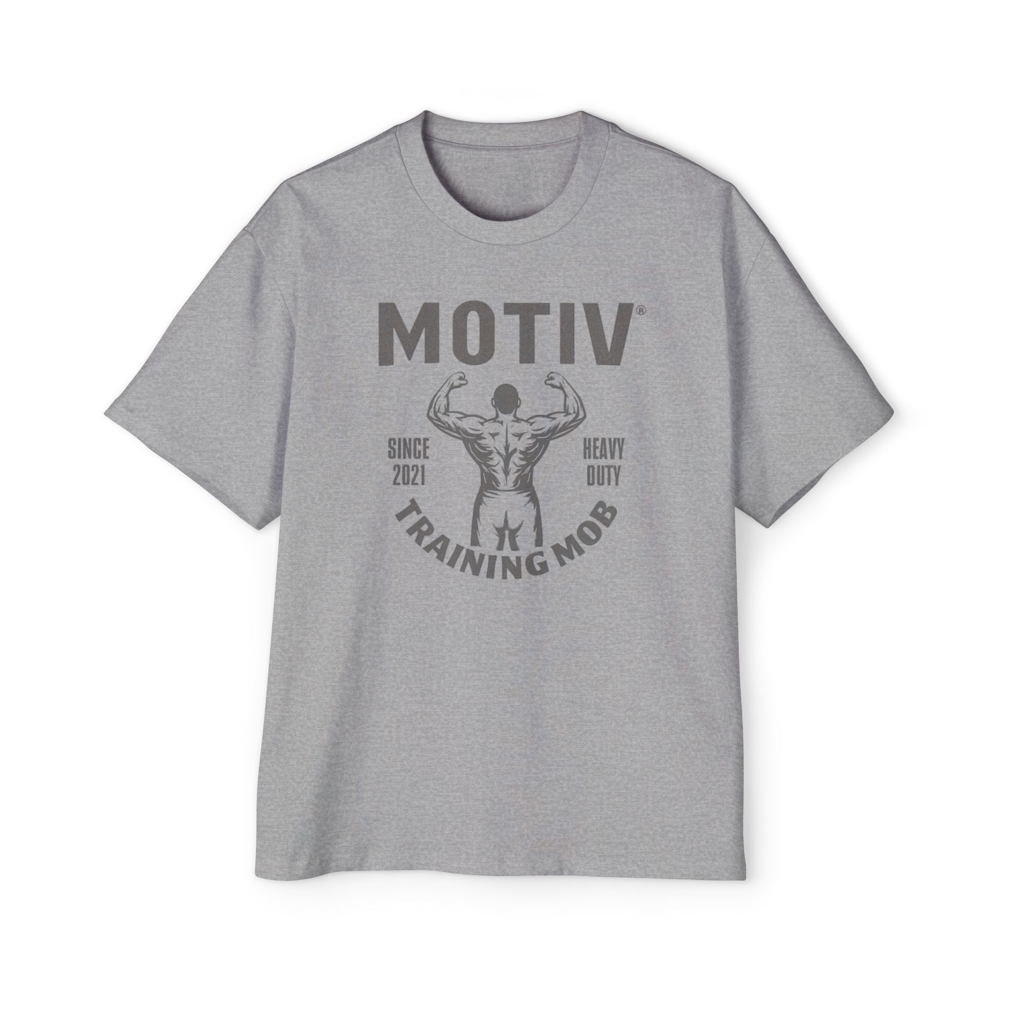Gray t-shirt with 'Motiv Training Mob' graphic on a white background