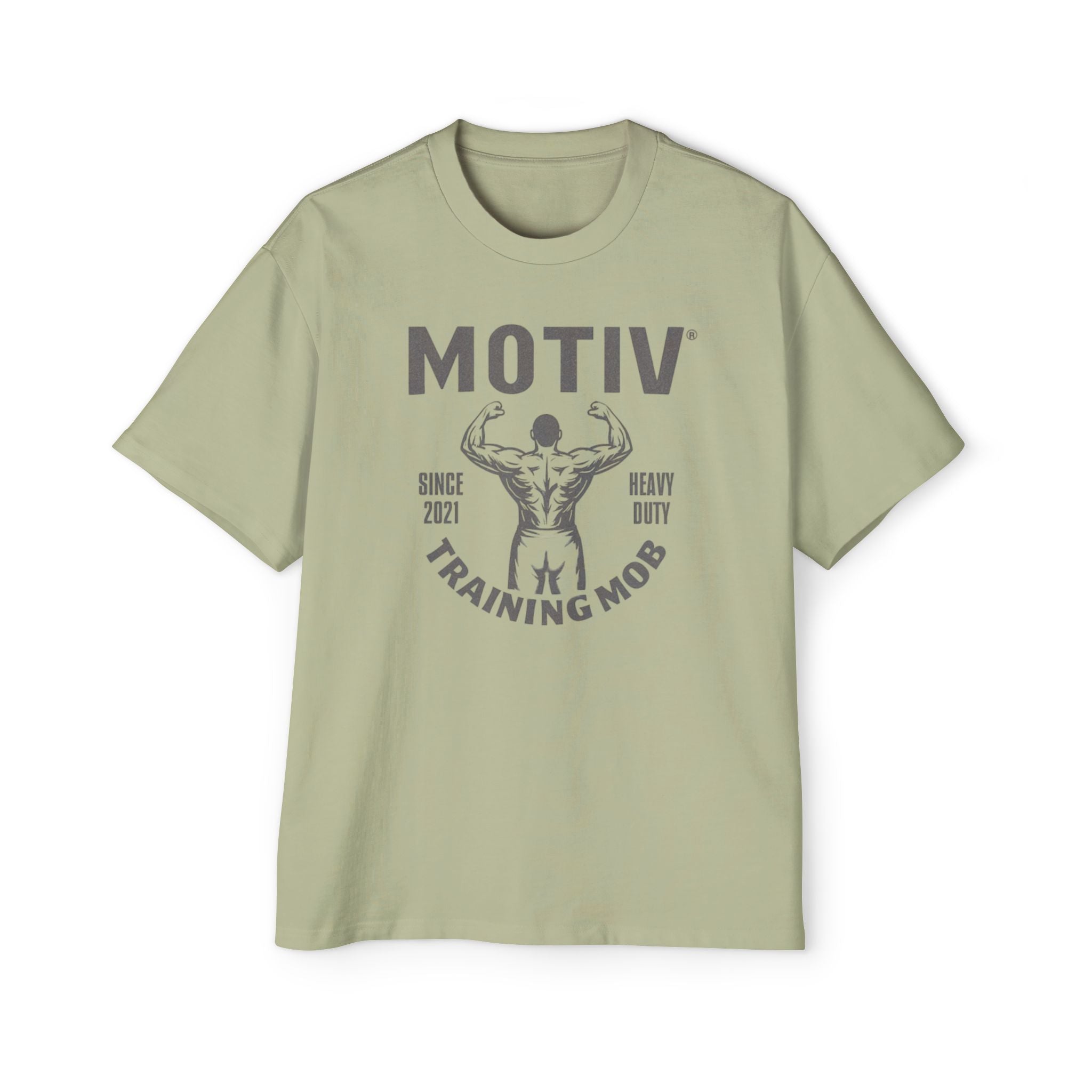 Sage green t-shirt with 'Motiv Training Mob' graphic on a white background