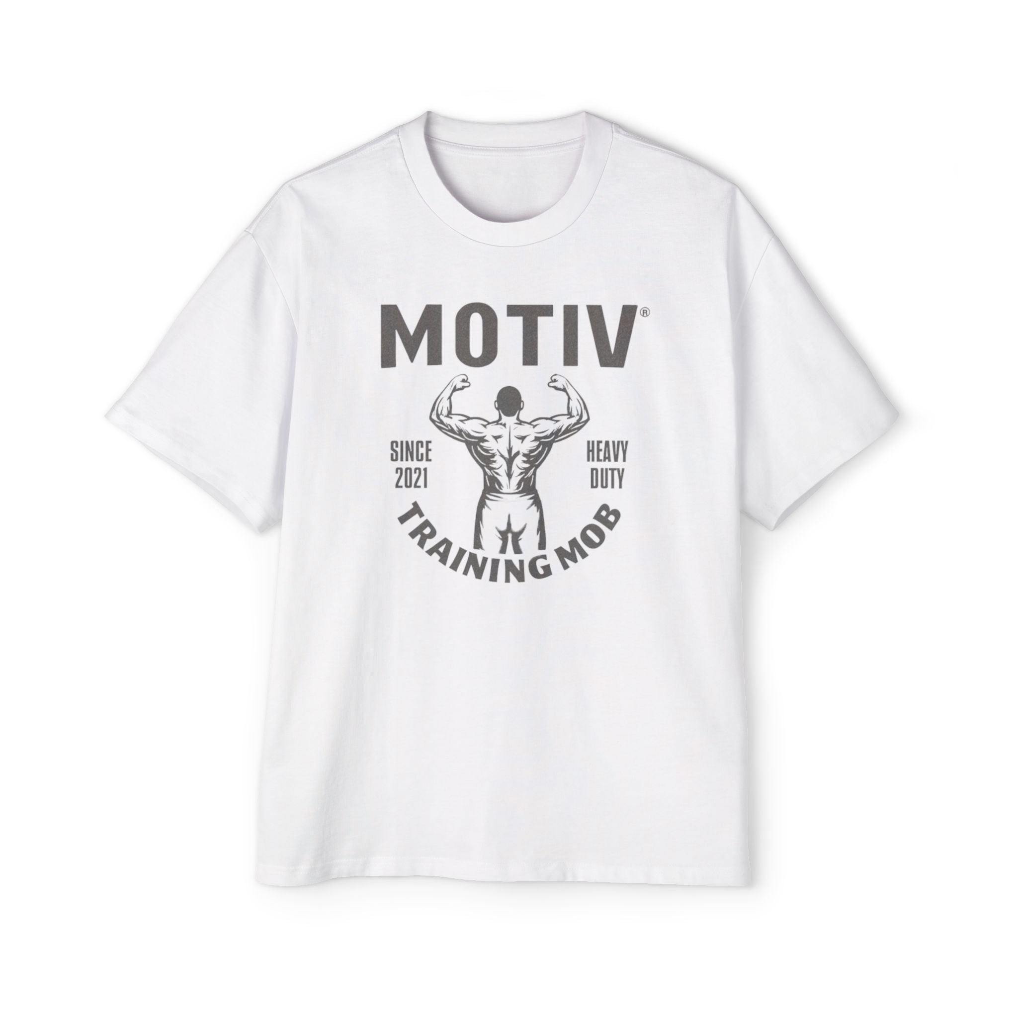 White t-shirt with black graphic and text on a white background