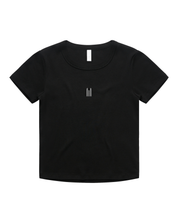 Black t-shirt with a small logo on a white background