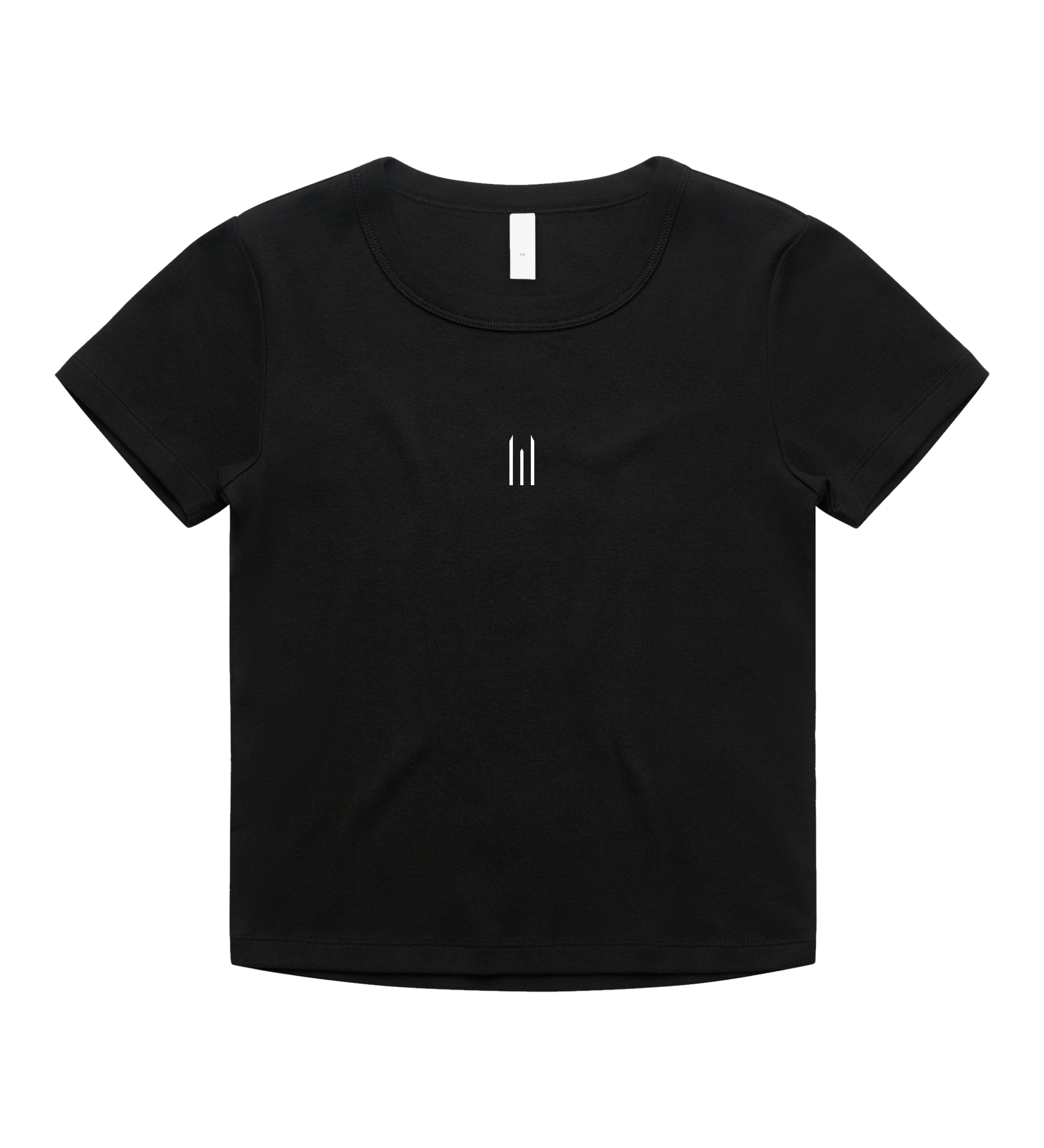 Black t-shirt with a small logo on a white background