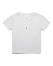White t-shirt with a small logo on a white background