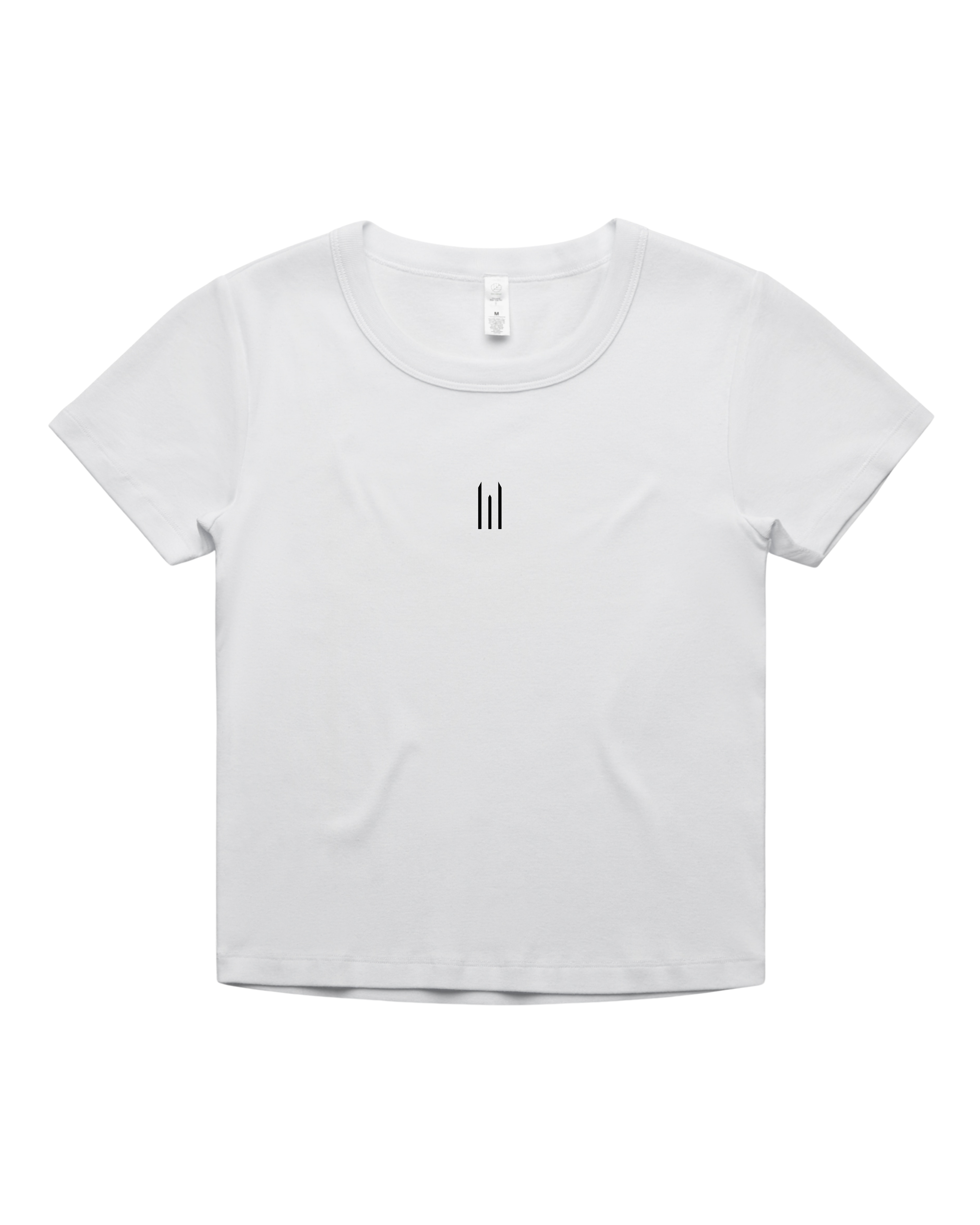 White t-shirt with a small logo on a white background