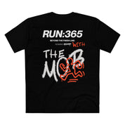 Black running t-shirt with white and orange text and graphics.