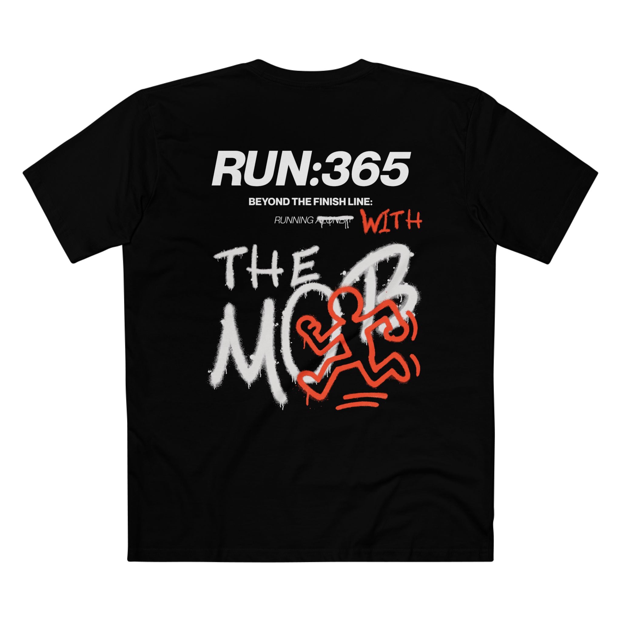 Black running t-shirt with white and orange text and graphics.