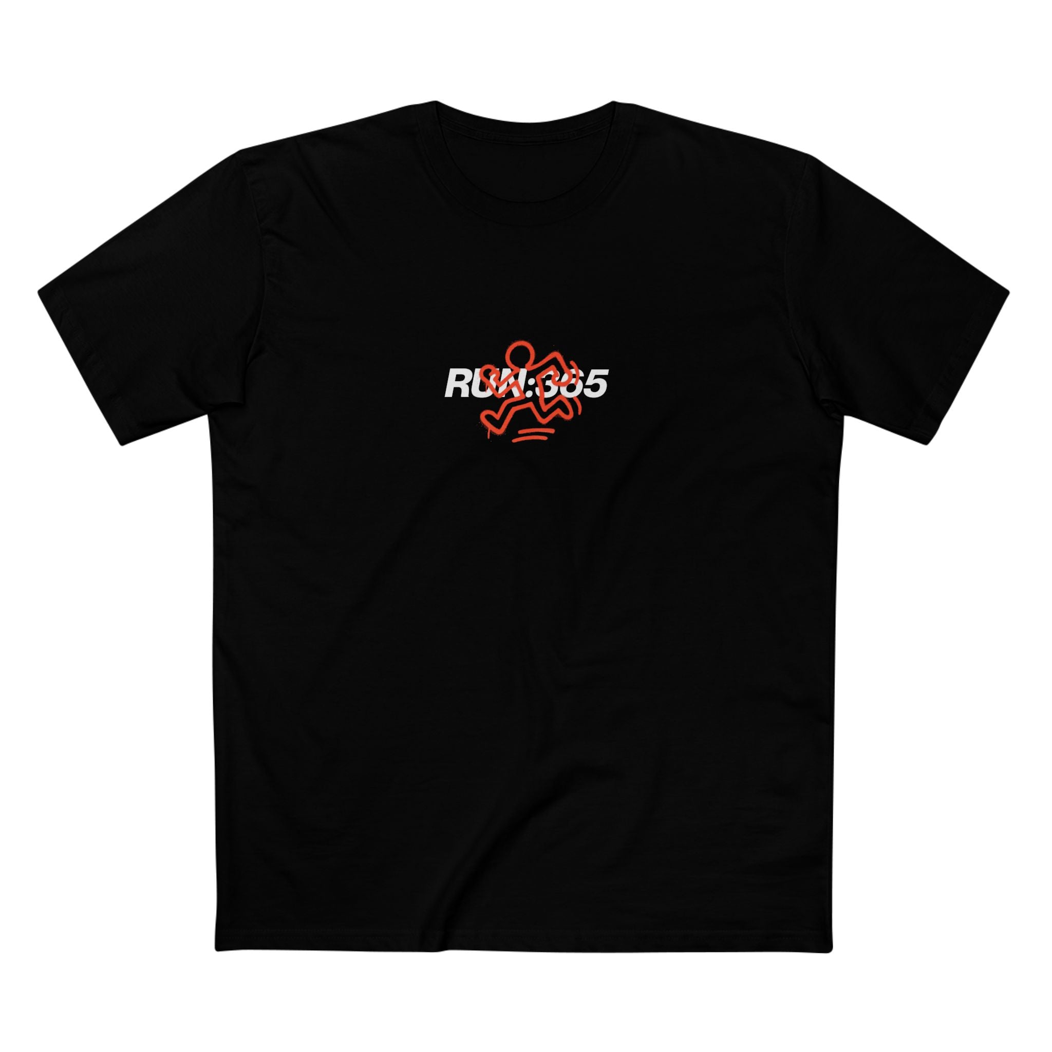 Black running t-shirt with 'RUN 365' logo.