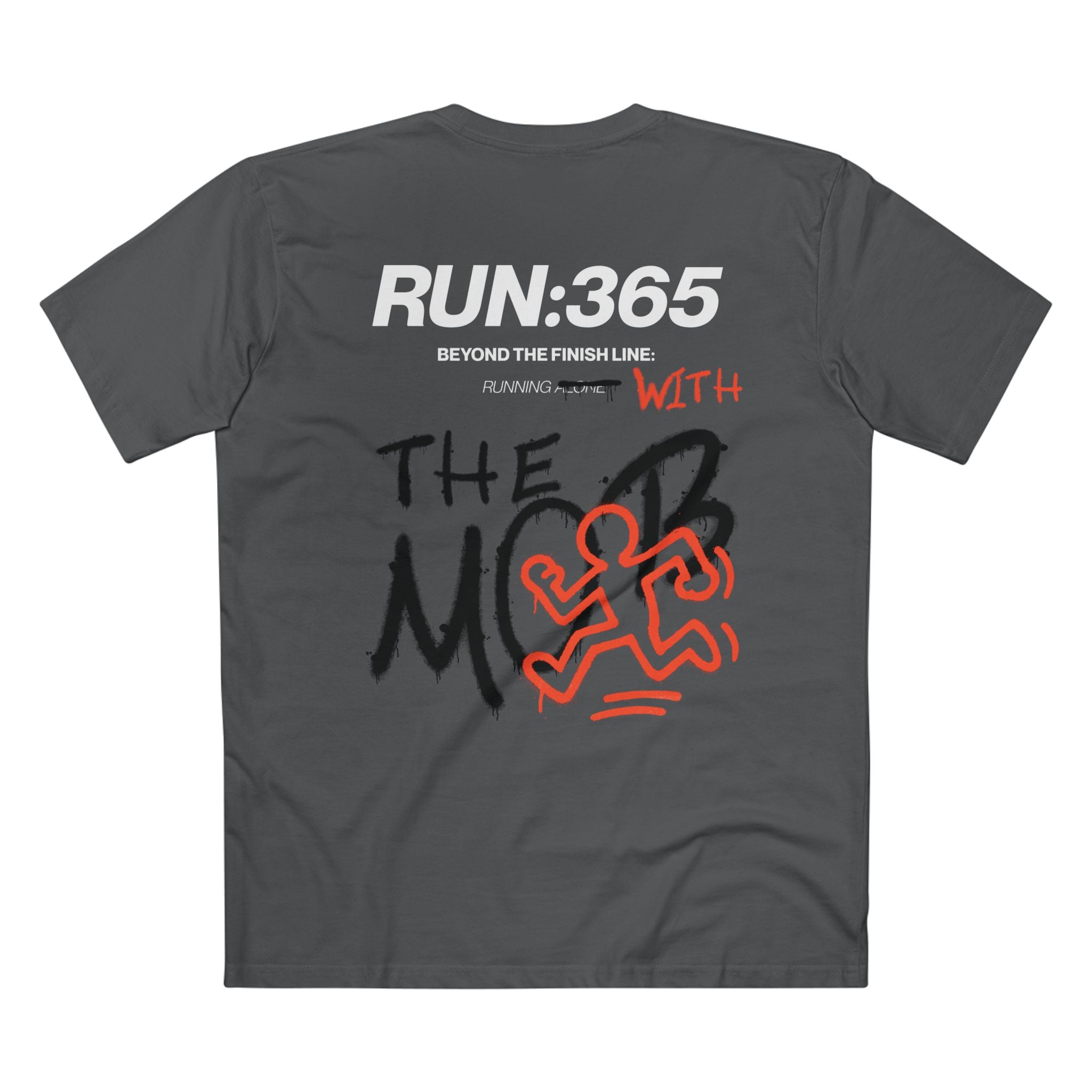 Dark Gray running t-shirt with running-themed design and text on the back.
