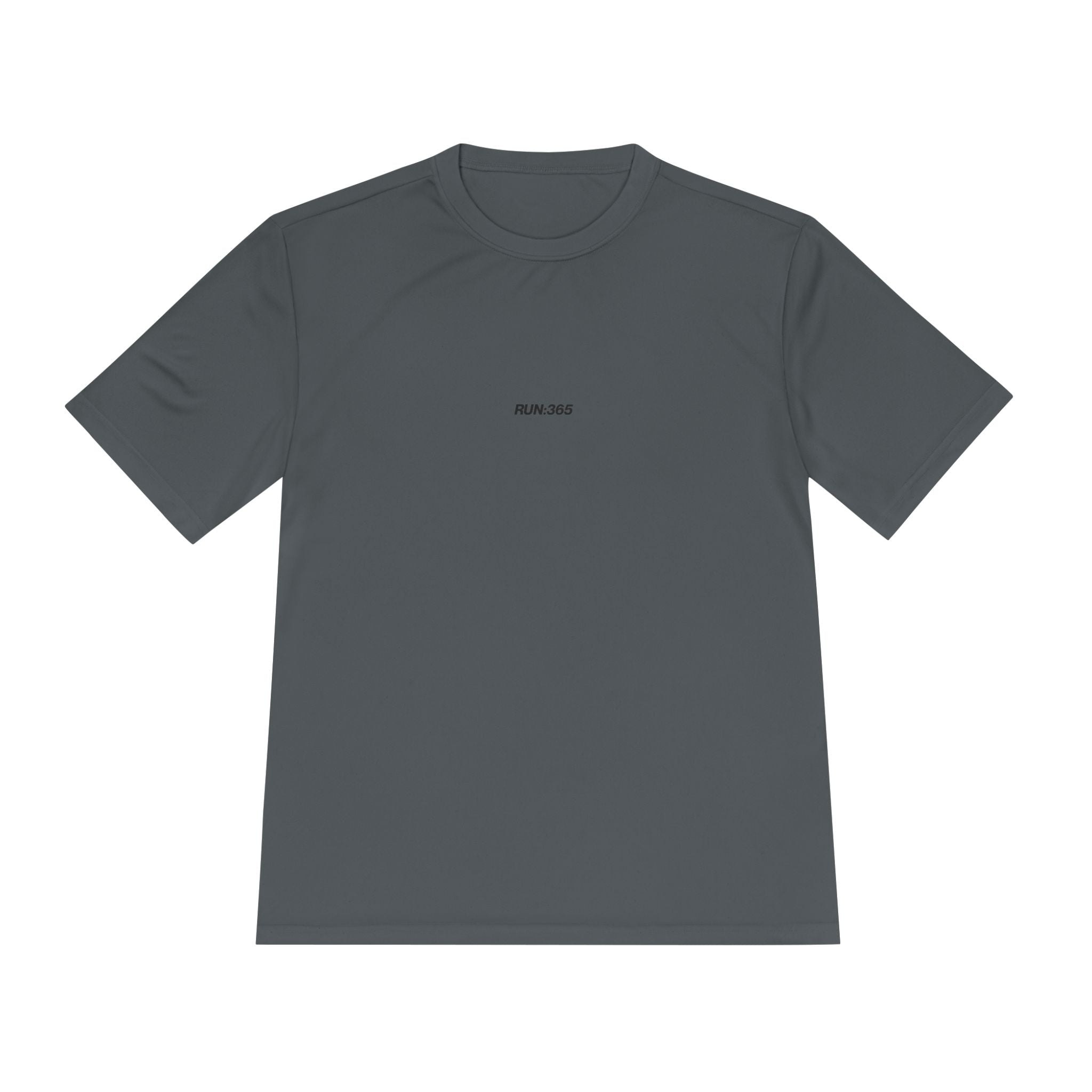 Gray performance t-shirt from Motiv with 'RUN365' logo on front.
