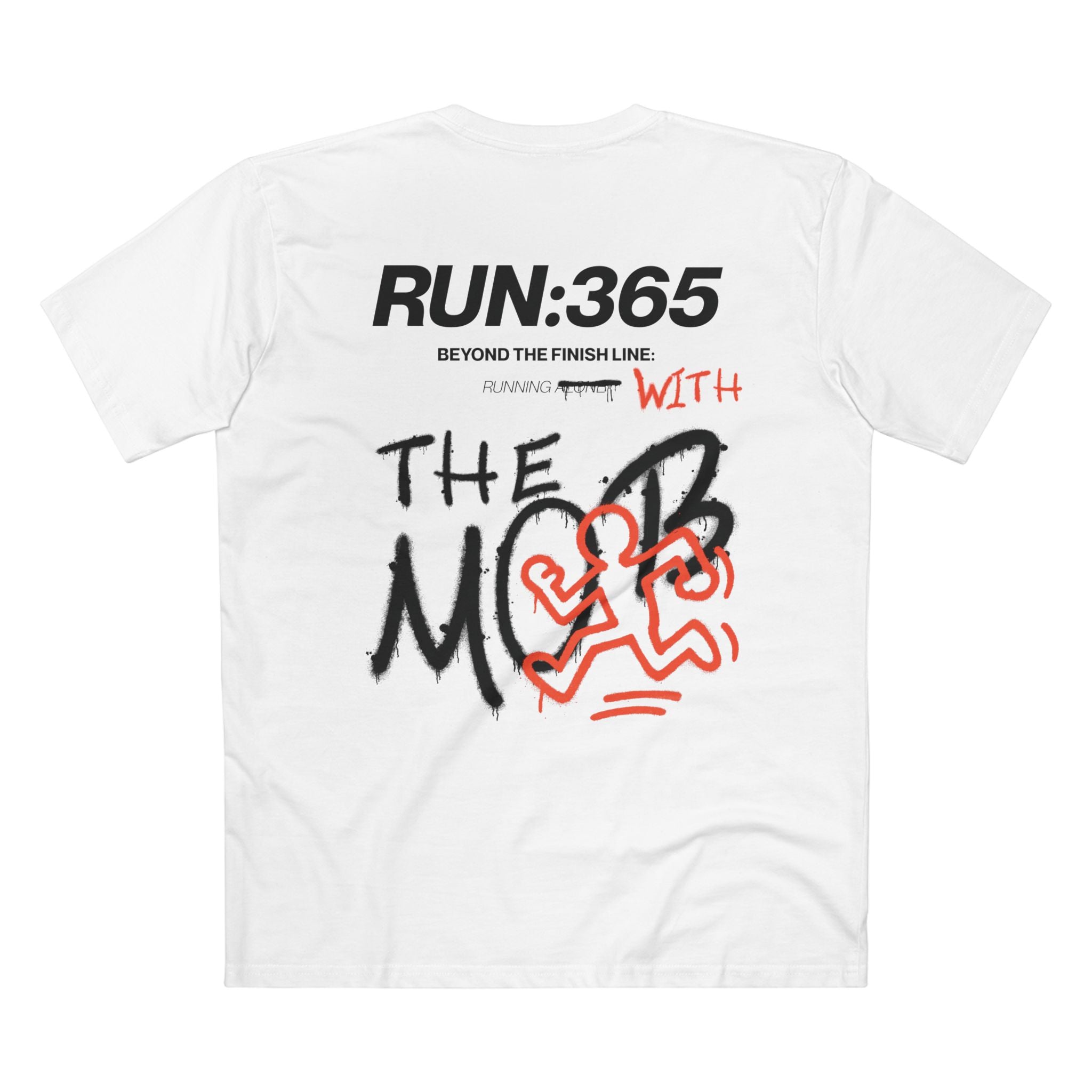White running t-shirt with black and orange text and graphics on the back.