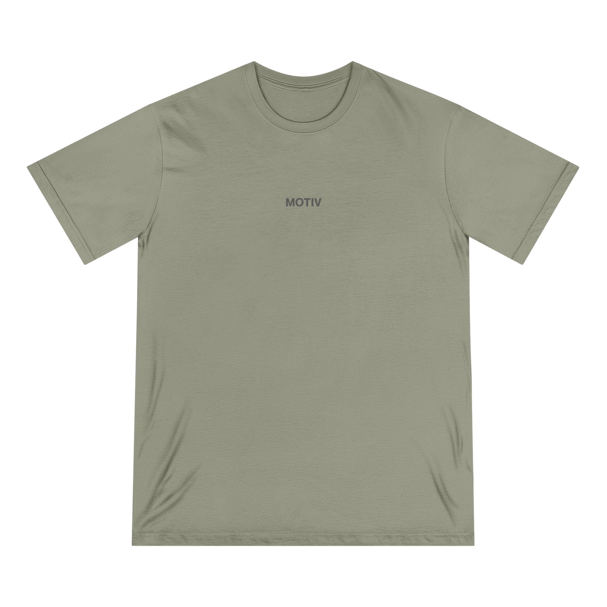 Sage green t-shirt with 'MOTIV' logo on a white background