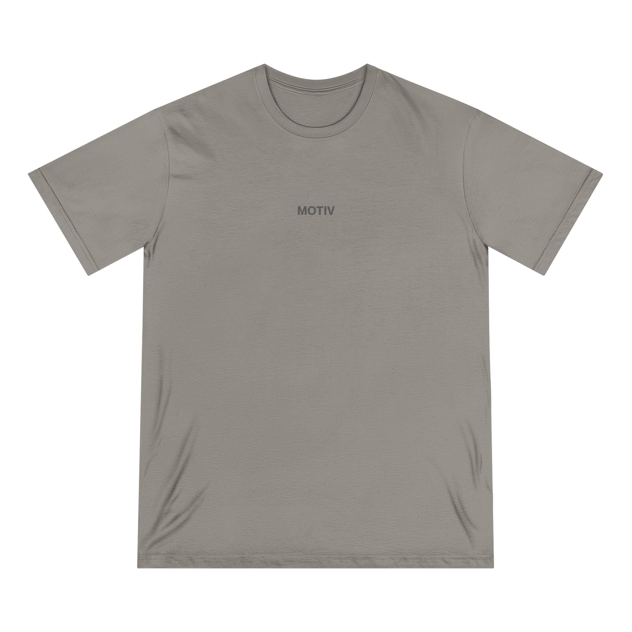 Gray t-shirt with 'MOTIV' logo on a white background