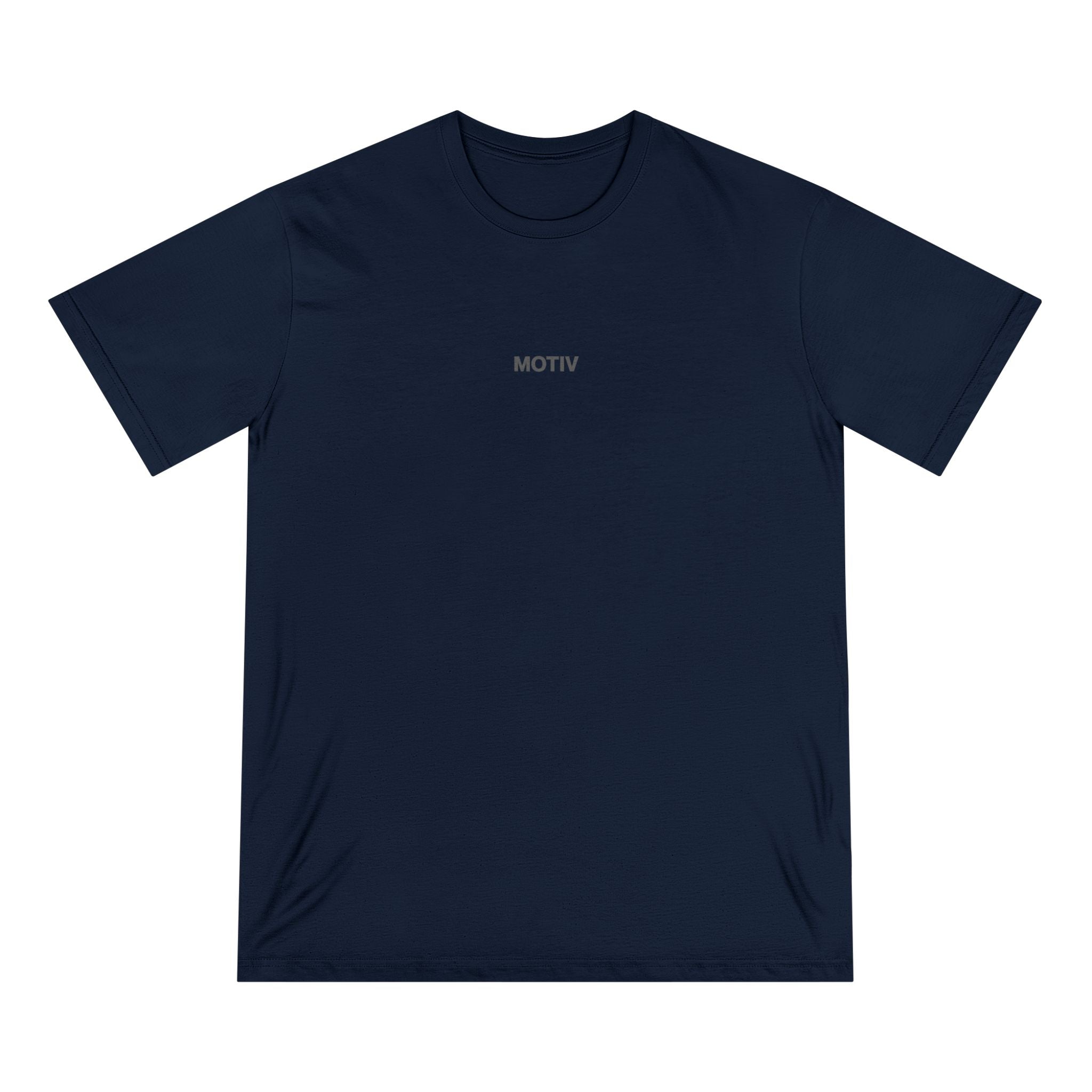 Navy blue t-shirt with 'MOTIV' logo on a white background