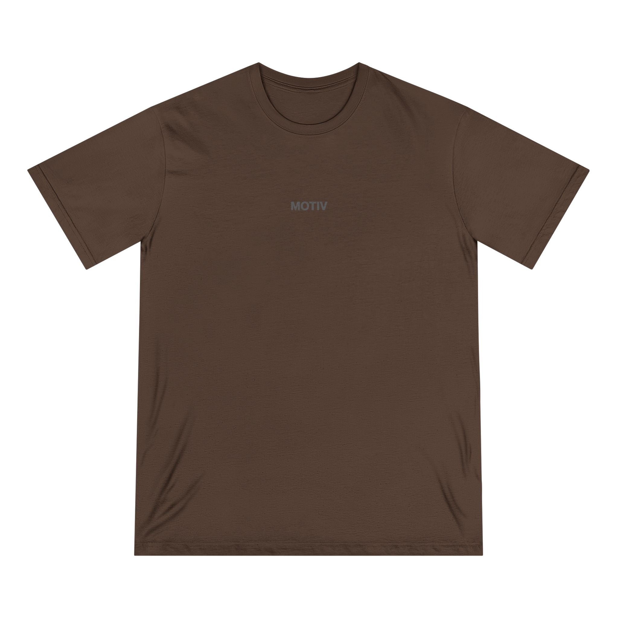 Brown t-shirt with 'MOTIV' logo on a white background