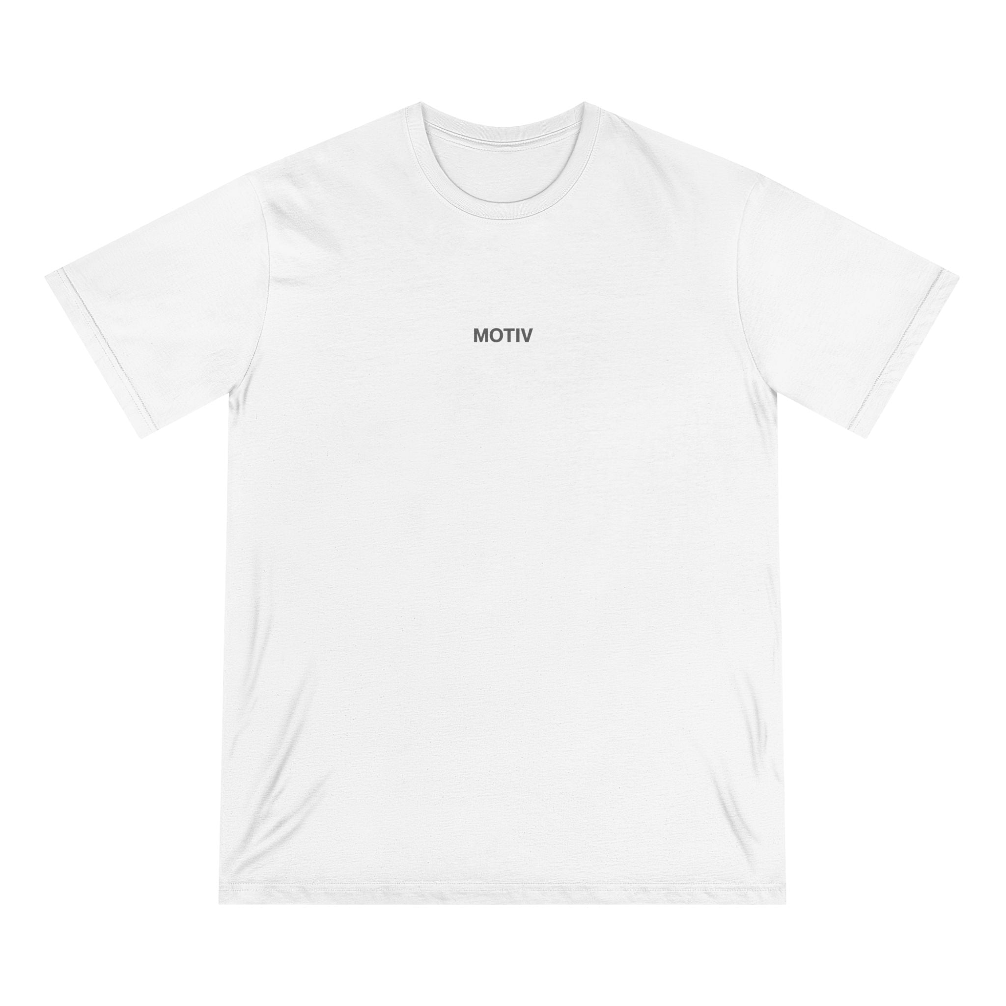 White t-shirt with 'MOTIV' logo on a white background