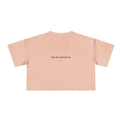 Pink crop top with text on a white background